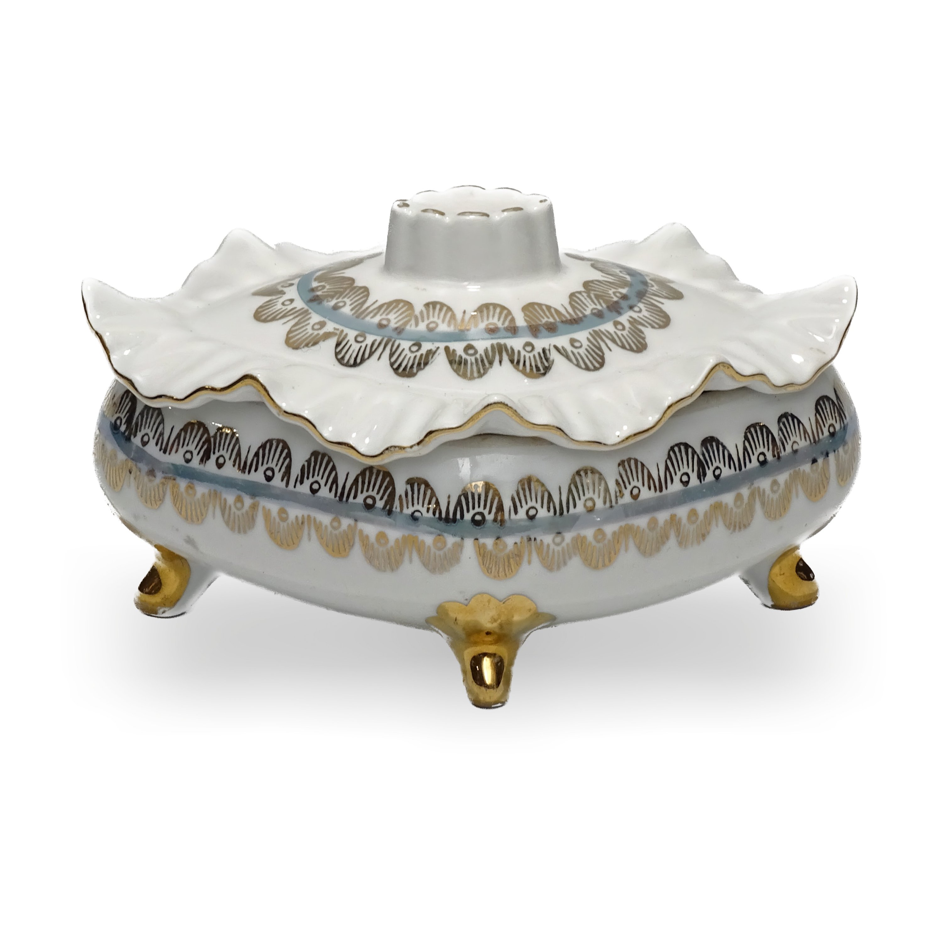 Vintage Porcelain Jewellery Box, Titov Veles Gold footed bowl with Lid, Trinket Box, Candy Bowl, Hand-Painted Decorative Keepsake Container