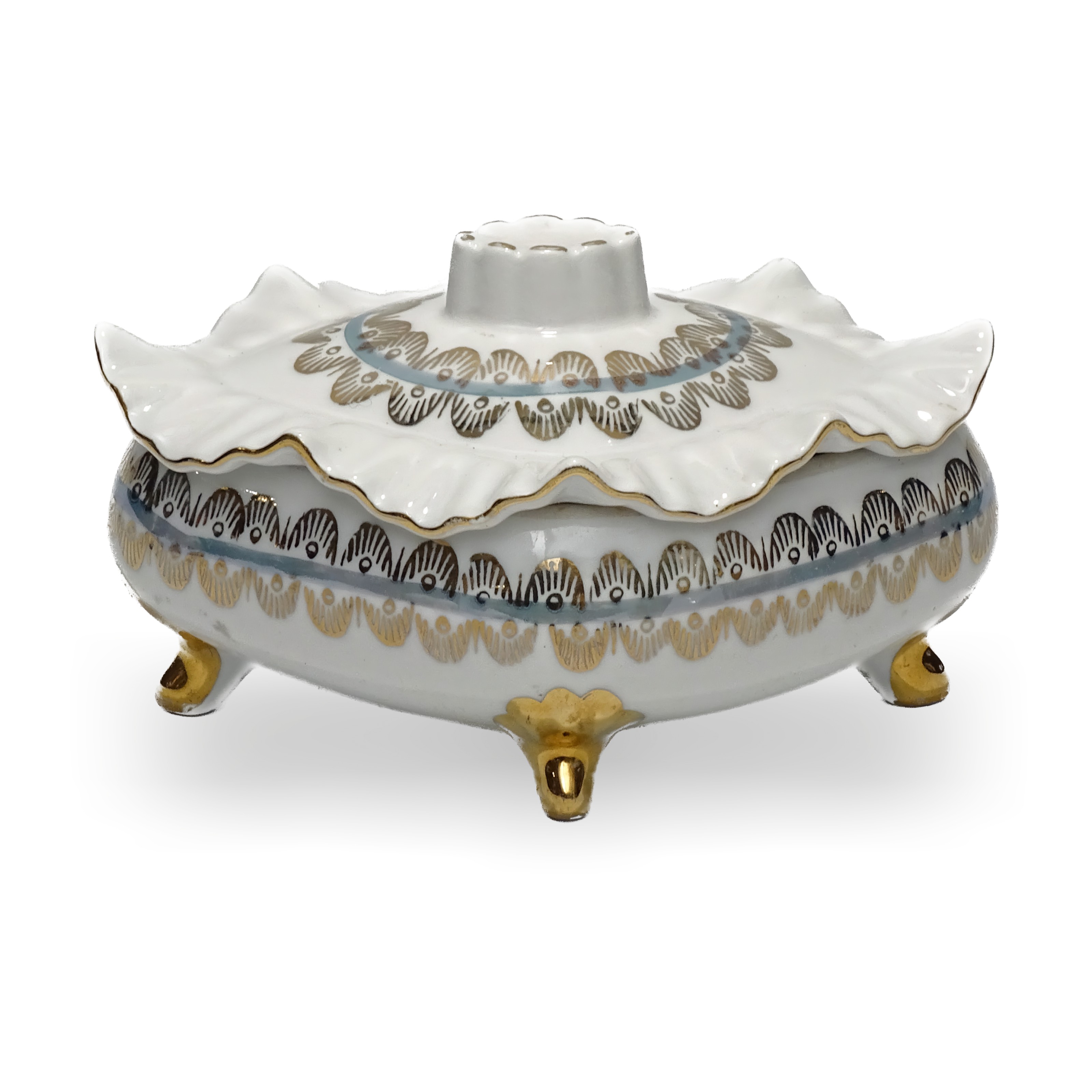 Vintage Porcelain Jewellery Box Titov Veles gold footed bowl with lid, hand-painted decorative trinket box and candy bowl keepsake container