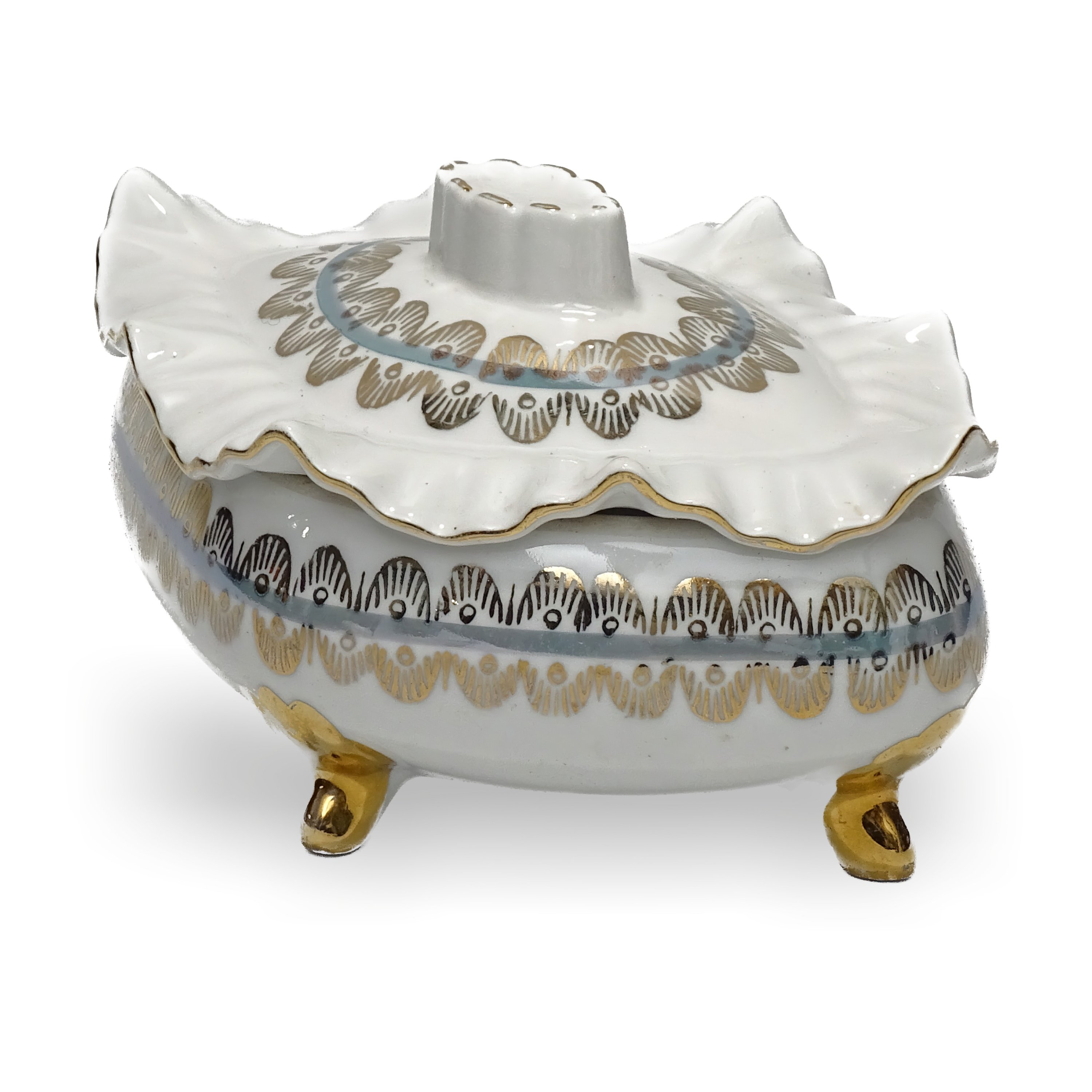Vintage Porcelain Jewellery Box, Titov Veles Gold footed bowl with Lid, Trinket Box, Candy Bowl, Hand-Painted Decorative Keepsake Container