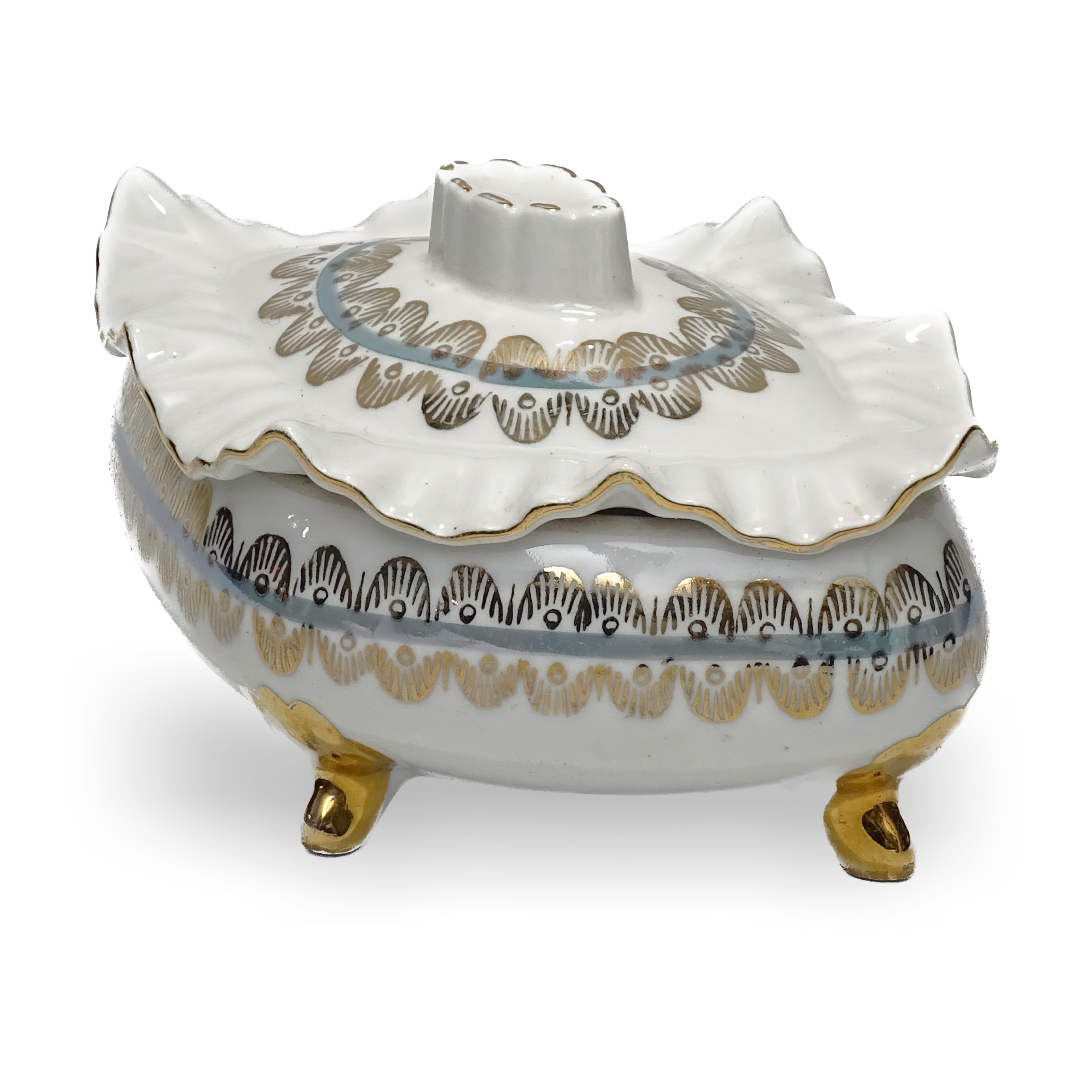 Vintage porcelain jewellery box Titov Veles gold footed bowl with lid, hand-painted trinket box, decorative keepsake container detailed view