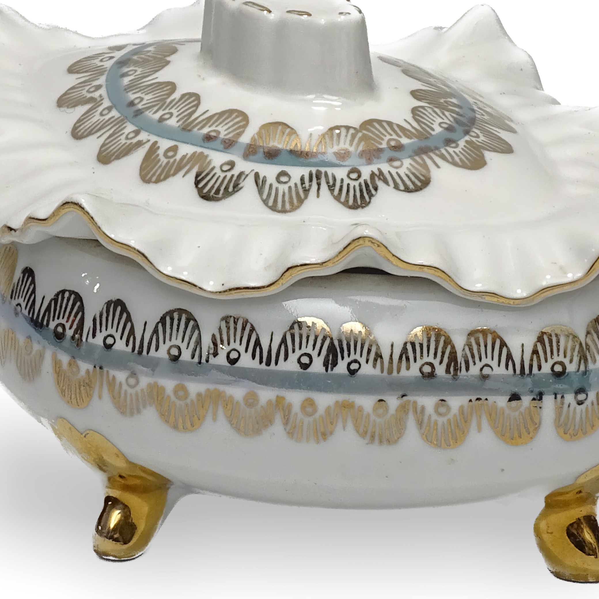 Vintage Porcelain Jewellery Box, Titov Veles Gold footed bowl with Lid, Trinket Box, Candy Bowl, Hand-Painted Decorative Keepsake Container