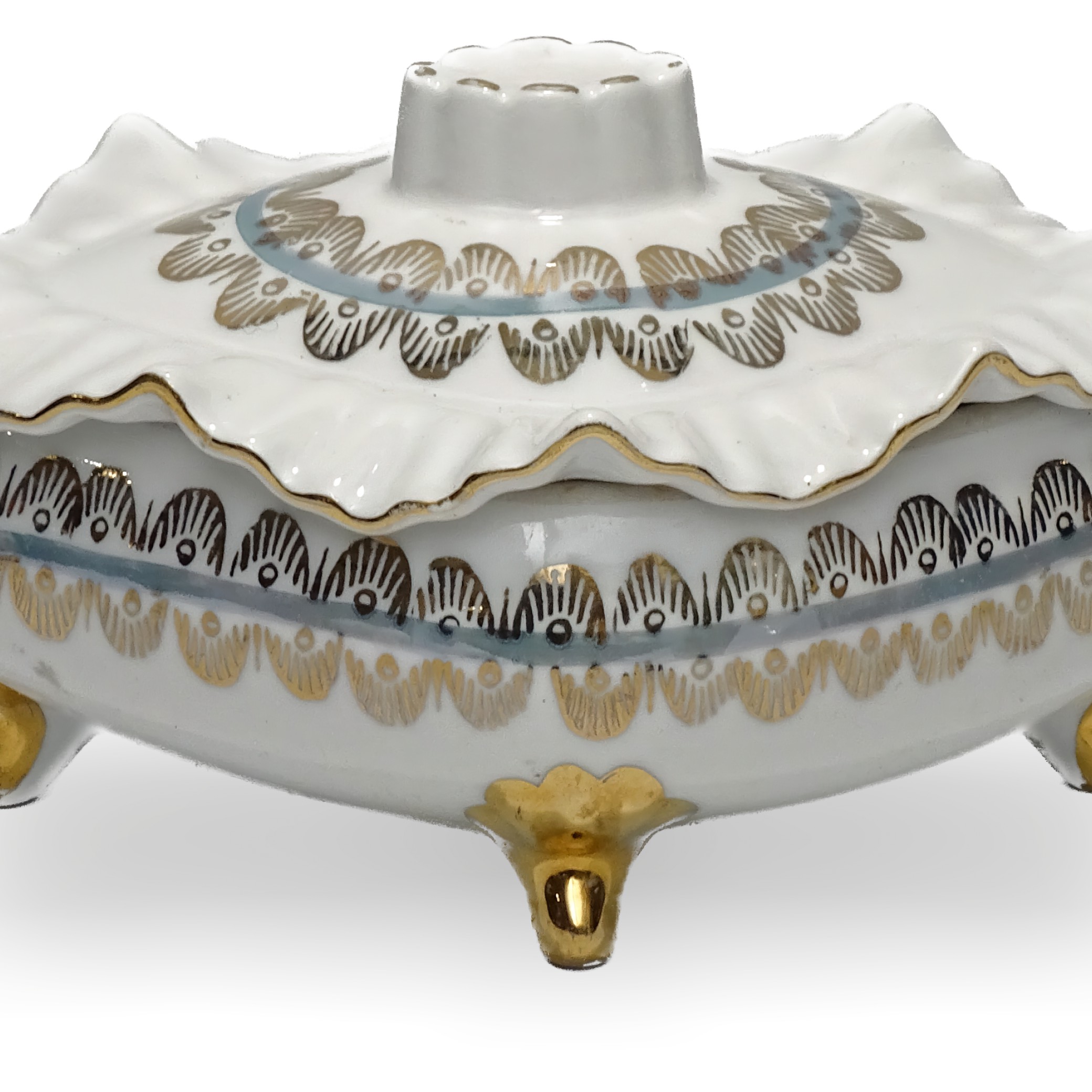 Vintage Porcelain Jewellery Box, Titov Veles Gold footed bowl with Lid, Trinket Box, Candy Bowl, Hand-Painted Decorative Keepsake Container