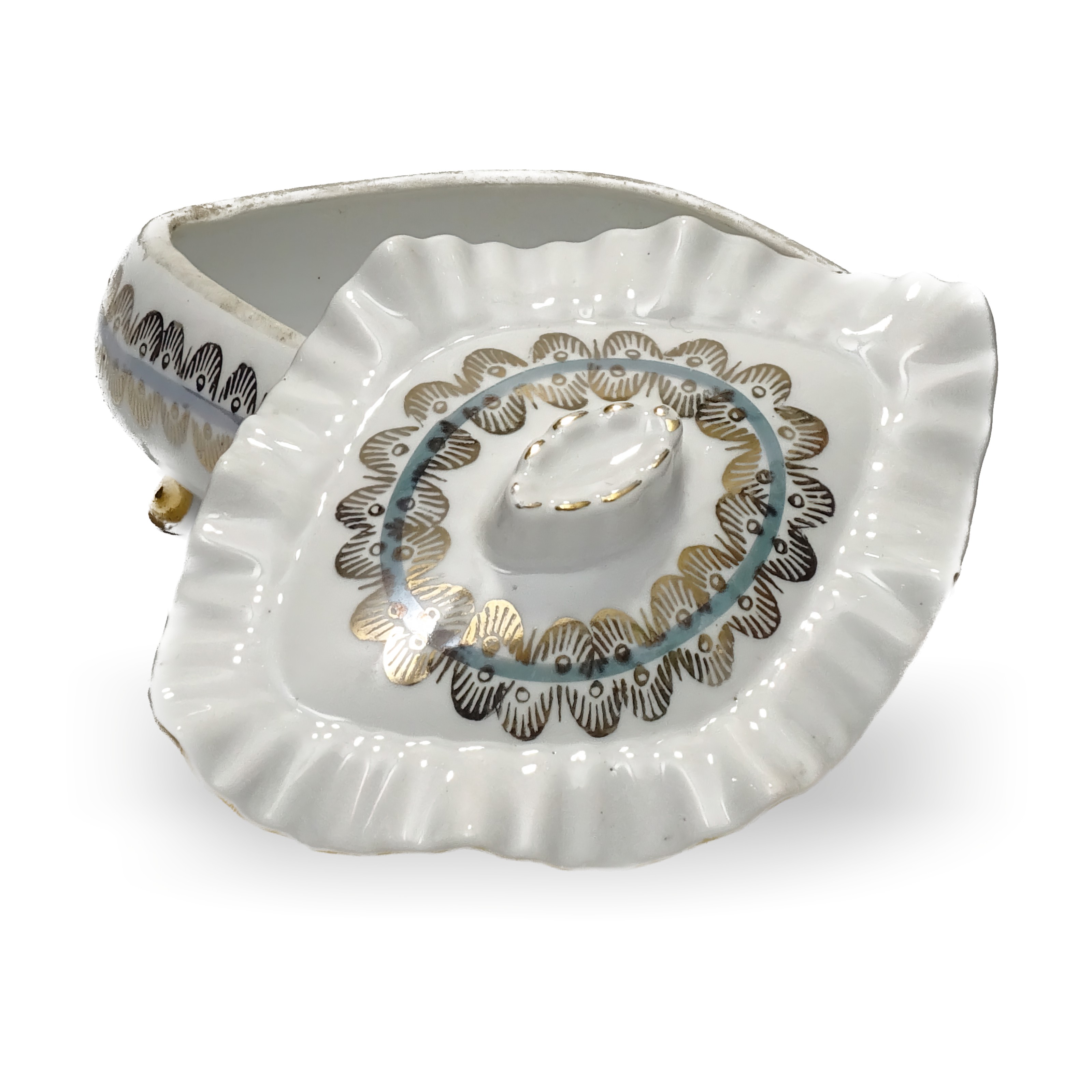 Vintage porcelain jewellery box Titov Veles gold footed bowl with hand-painted lid close up, decorative trinket candy keepsake container