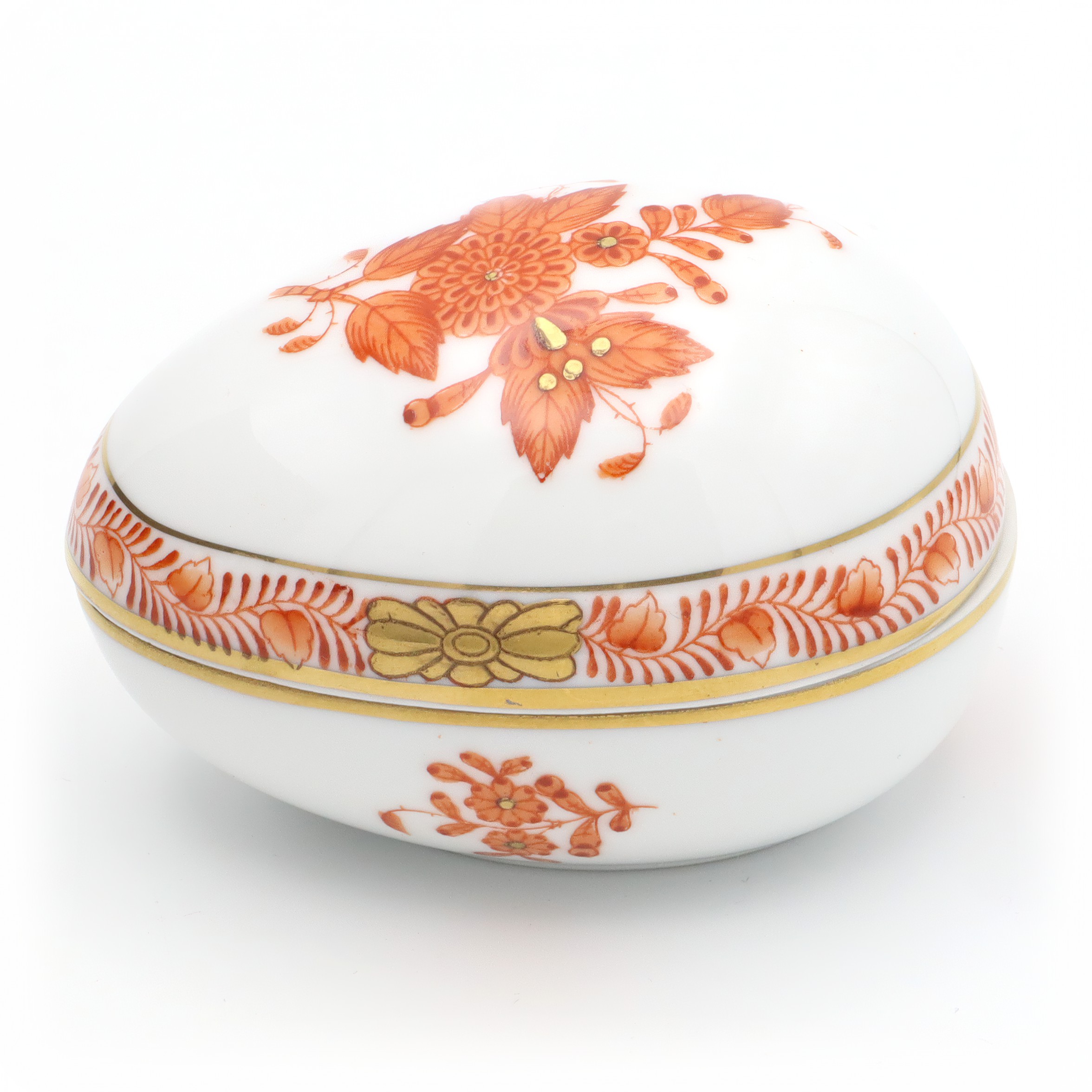 Herend Egg Shaped Trinket Box Chinese Bouquet Rust Apponyi Orange Pattern hand painted vintage porcelain jewelry box with floral design
