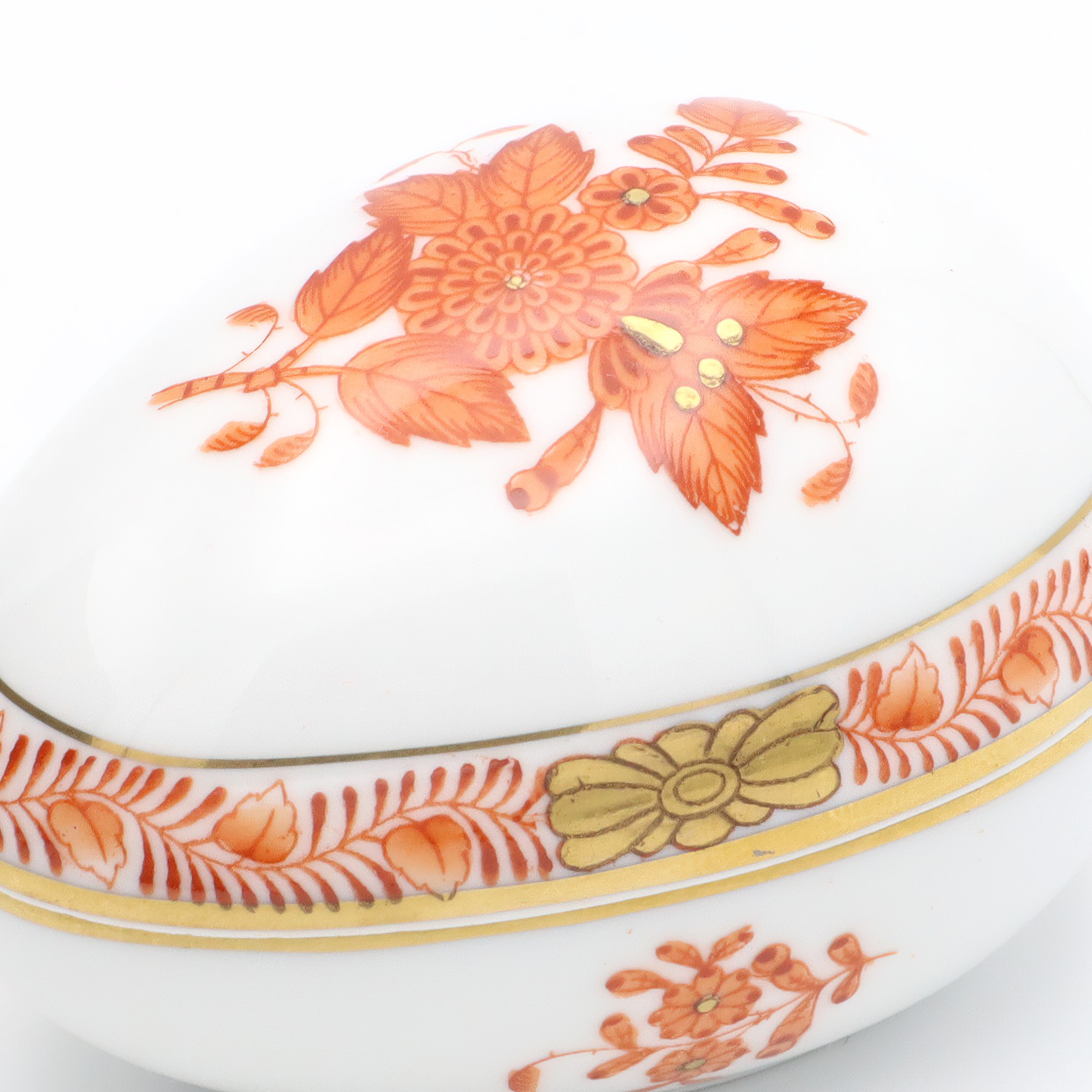 Herend Egg Shaped Trinket Box Chinese Bouquet Rust Apponyi Orange Pattern hand painted porcelain jewelry box detailed view