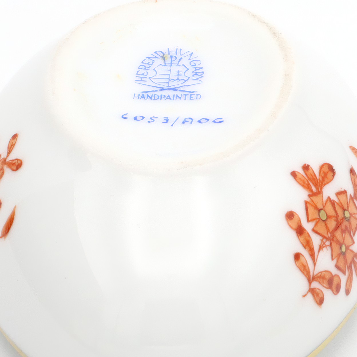 Herend Egg Shaped Trinket Box Chinese Bouquet Rust Apponyi Orange Pattern hand painted porcelain base close up with maker's mark and floral detail