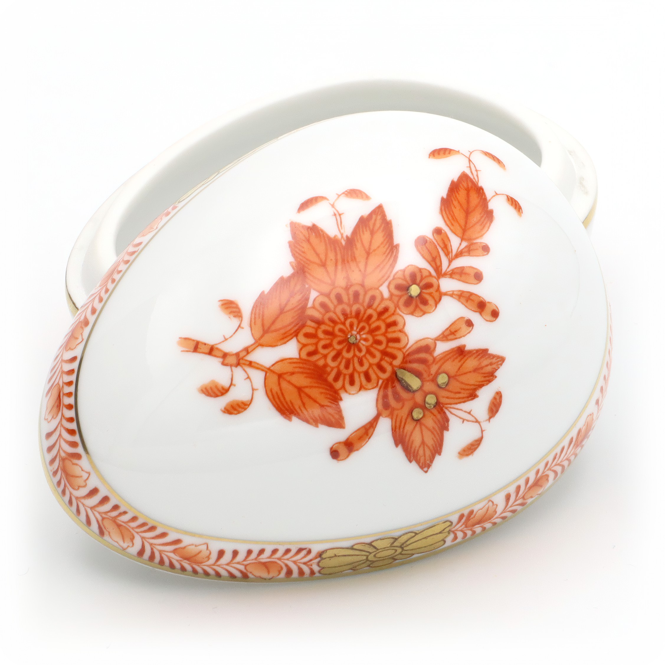Herend Egg Shaped Trinket Box detailed view, Chinese Bouquet Rust Apponyi Orange Pattern, hand painted vintage porcelain jewelry box