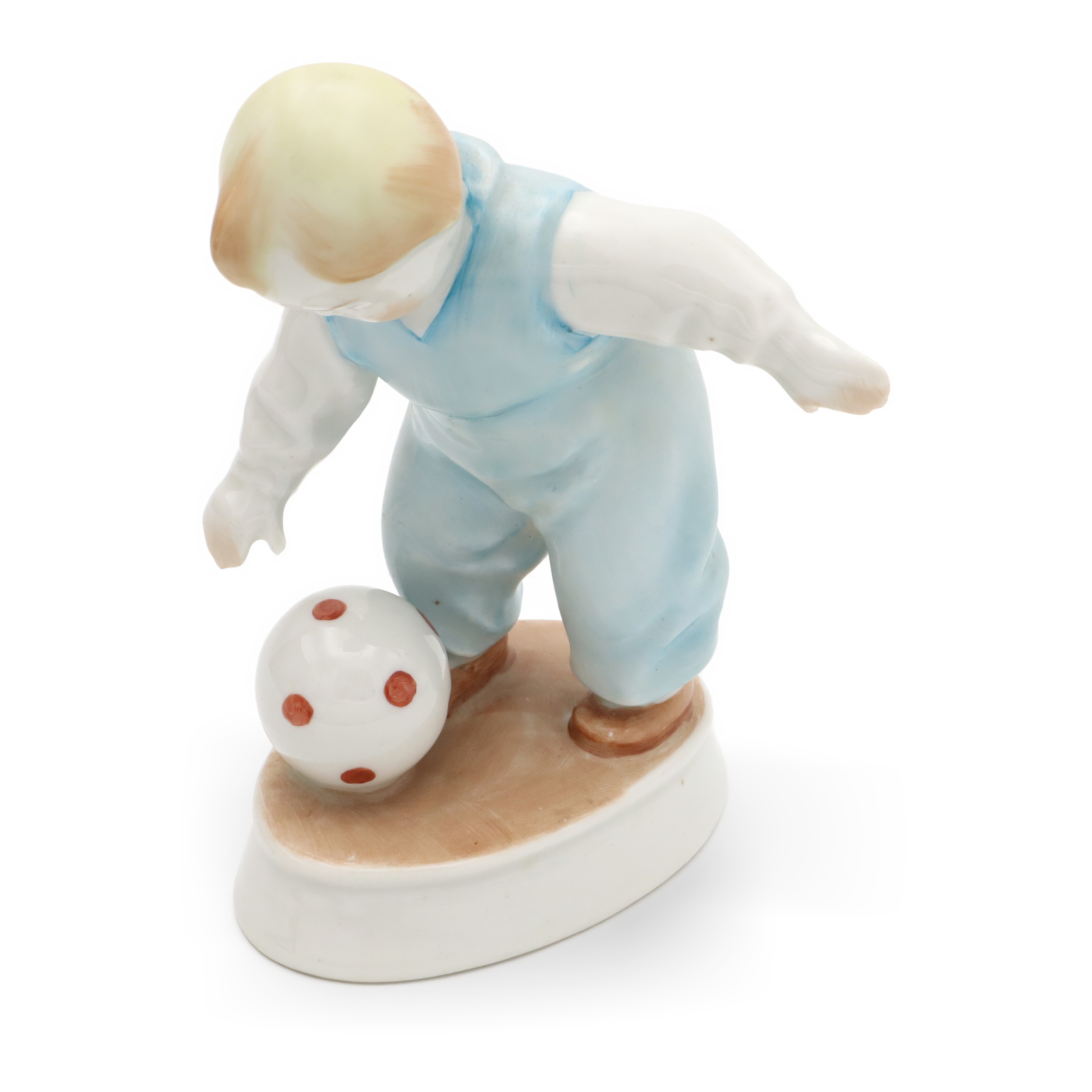 Vintage Zsolnay Porcelain Figurine Close Up - Little Child With Football by Andras Sinko, Handpainted 1960s Hungary Zsolnay porcelain figurine little child with football close up, handpainted ceramic collectible by Andras Sinko, vintage Hungarian art sculpture