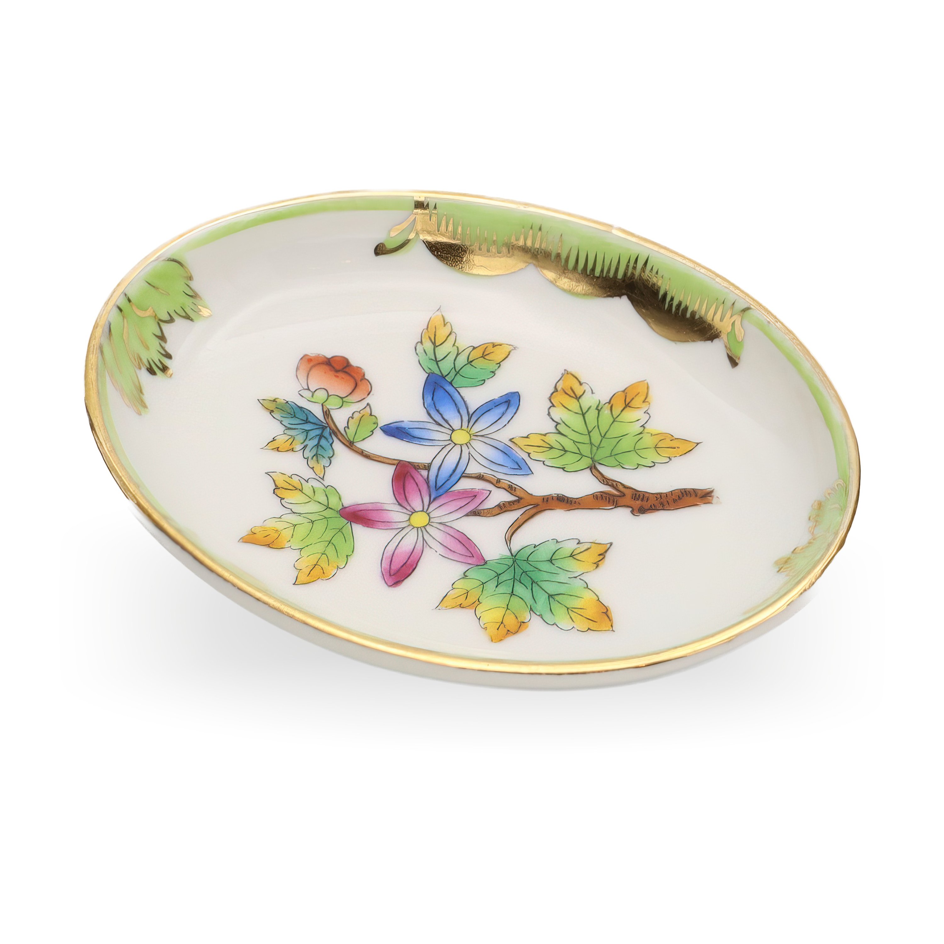 Antique Herend Queen Victoria Trinket Tray, Jewelry Bowl, Hand Painted Porcelain Mini Tray, With Vibrant Motifs And Gold Accents