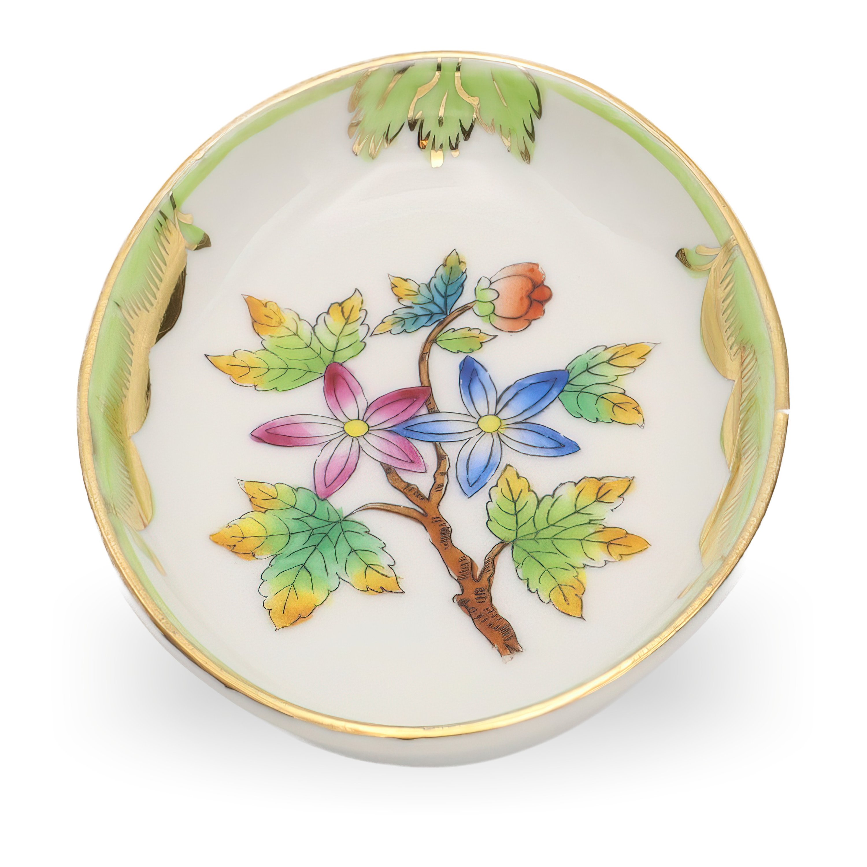 Antique Herend Queen Victoria Trinket Tray, Jewelry Bowl, Hand Painted Porcelain Mini Tray, With Vibrant Motifs And Gold Accents