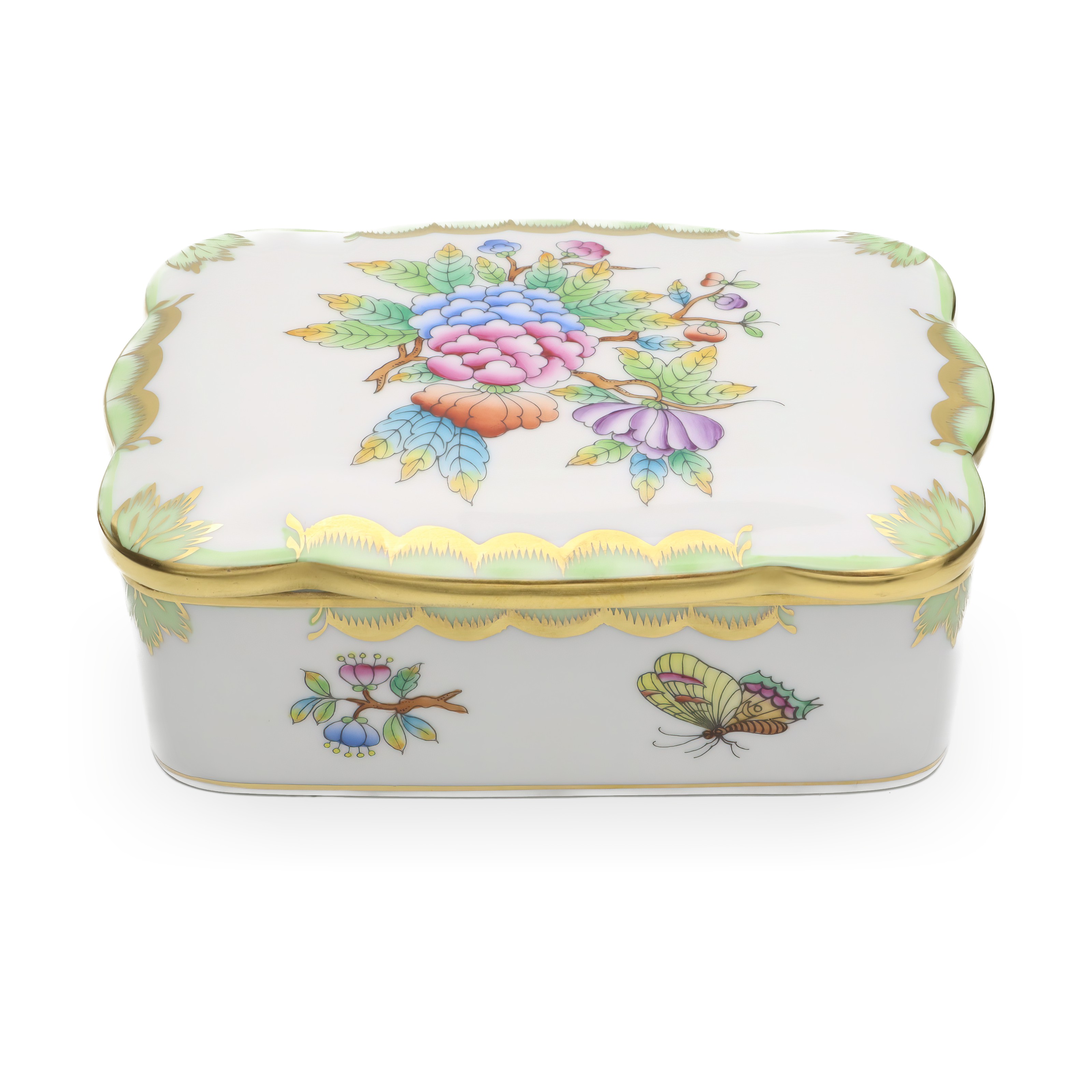 Herend Queen Victoria Large Jewelry Box Hand-Painted Porcelain Collectible Detailed View Herend Queen Victoria large jewelry box, vintage hand-painted porcelain trinket box with floral and butterfly design, collectible keepsake holder detailed view