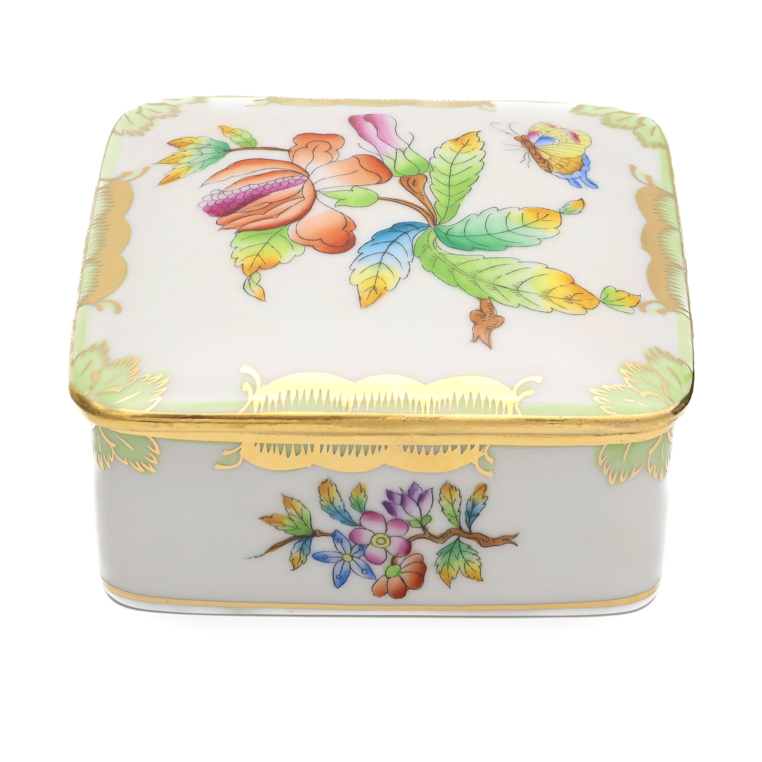 Herend Queen Victoria square jewelry box, hand-painted vintage porcelain trinket box with floral and butterfly design, fine keepsake container decor