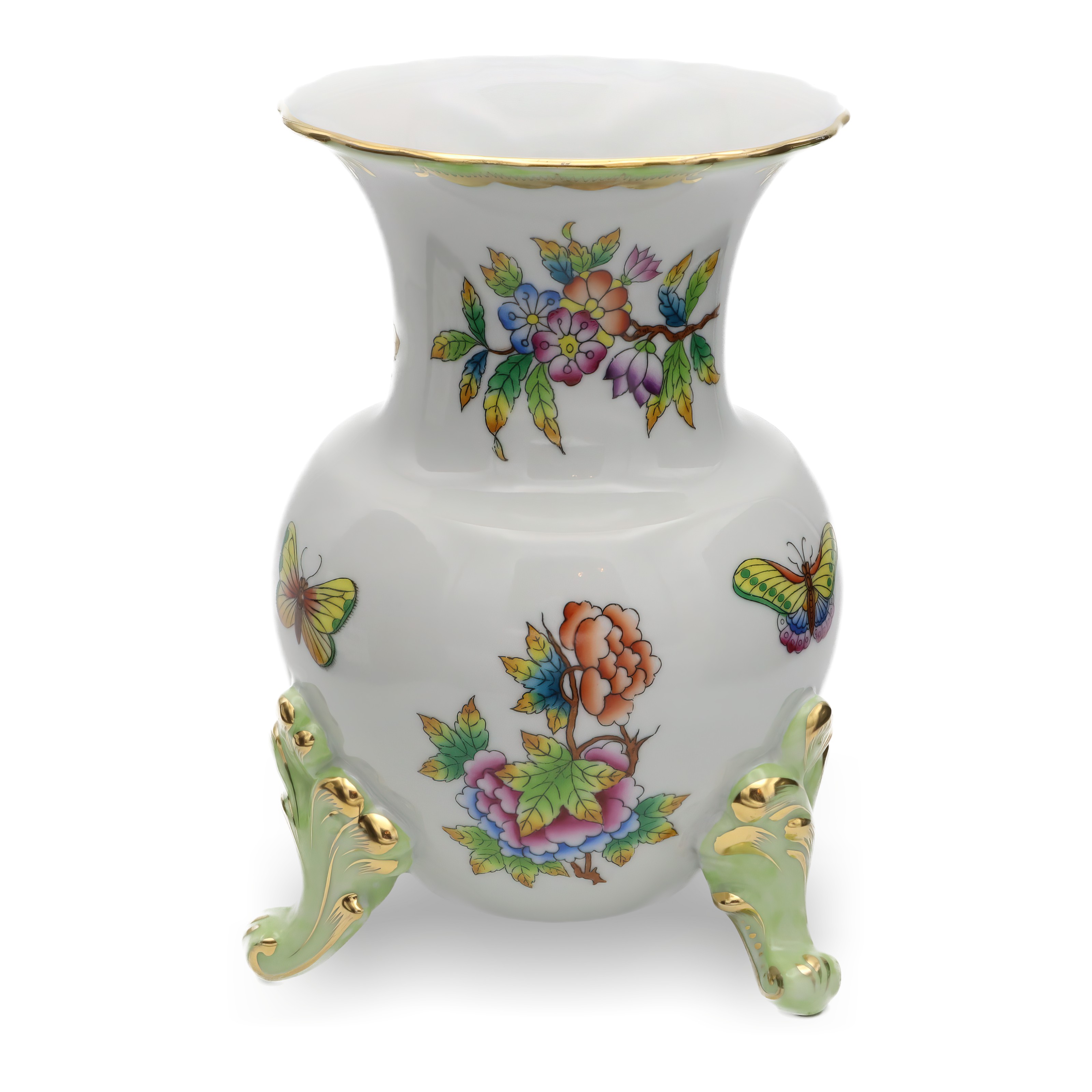 Herend Victoria Footed Vase Antique Hand-Painted Floral Porcelain Centerpiece Hungarian Vintage Decor Herend Victoria footed vase antique hand-painted floral porcelain centerpiece with colorful flowers and butterflies, Hungarian vintage home decor