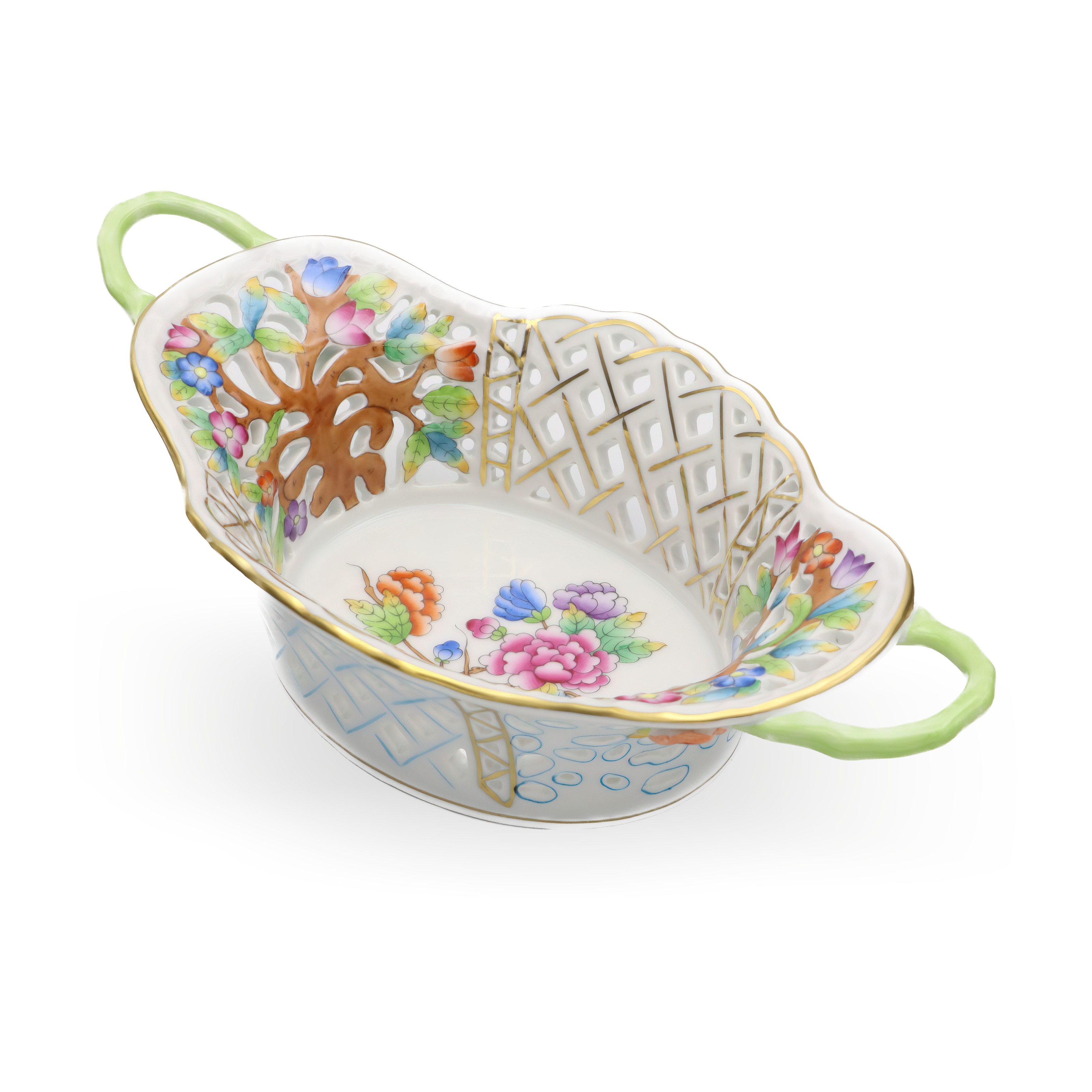 Herend Vintage Breakthrough Centrepiece Basket, gold rim, hand-painted porcelain, floral design, Hungarian craftsmanship, collectible decor