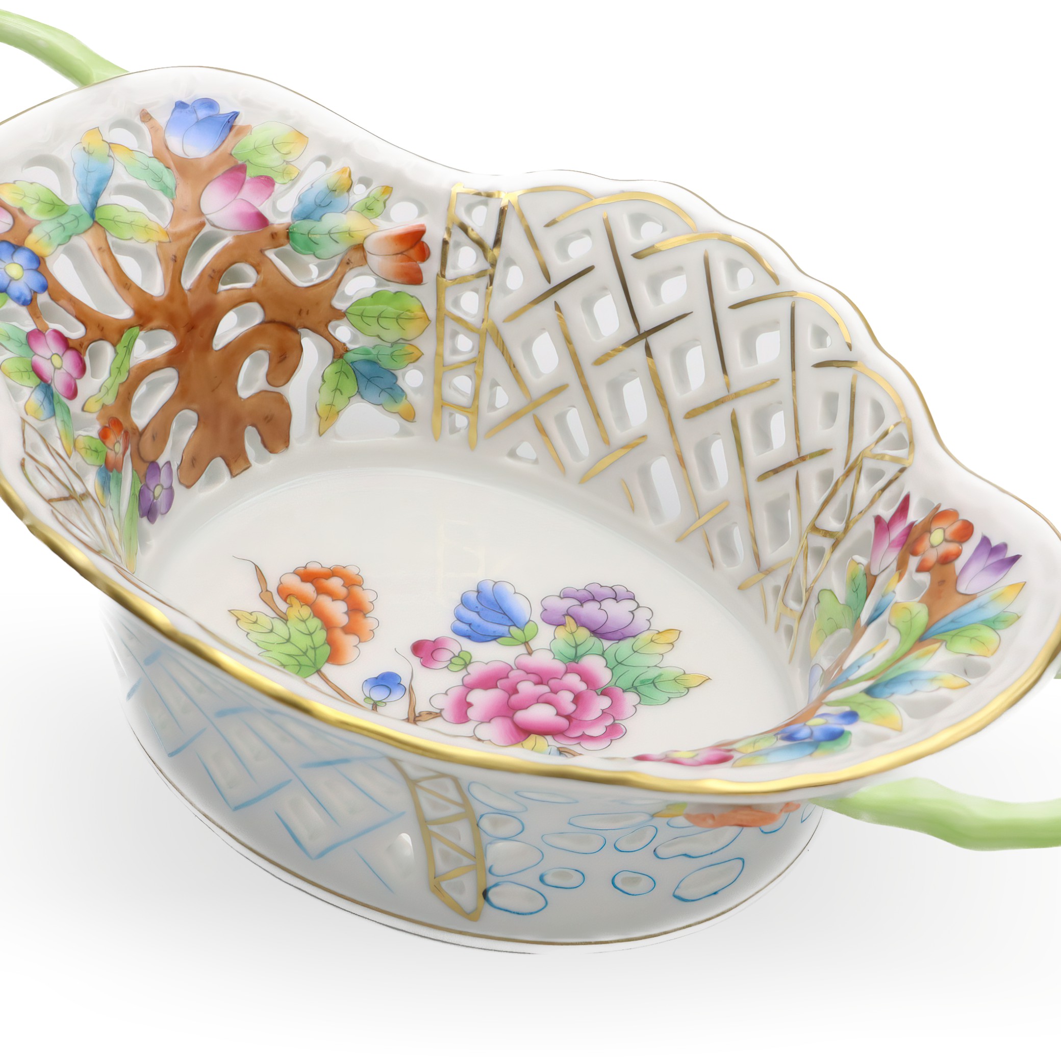 Thumbnail for Herend Vintage Breakthrough Centrepiece: Basket, Gold Rim, Hand-painted Porcelain, Floral Design, Hungarian Craftsmanship, Collectible Decor.