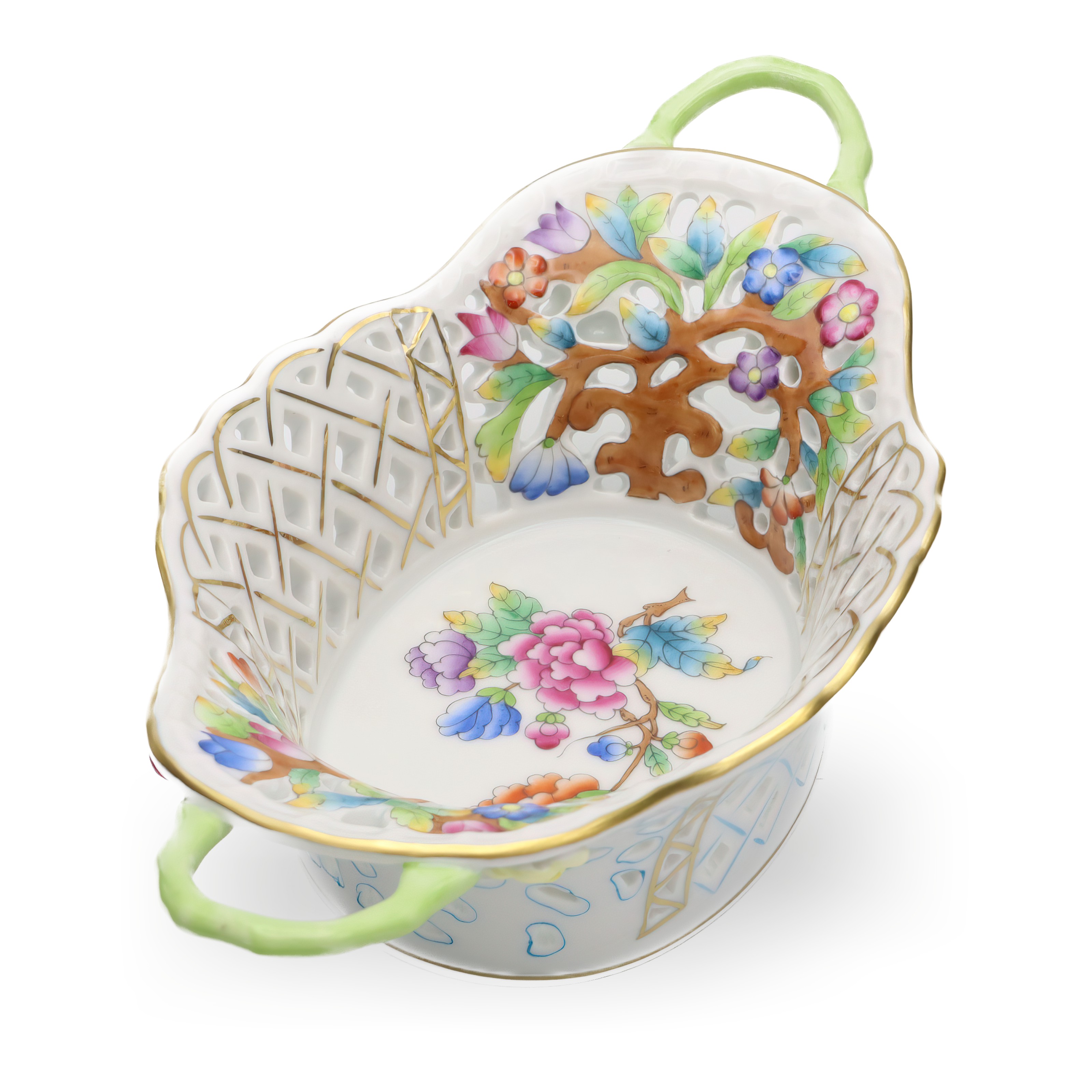 Thumbnail for Herend Vintage Breakthrough Centrepiece: Basket, Gold Rim, Hand-painted Porcelain, Floral Design, Hungarian Craftsmanship, Collectible Decor.