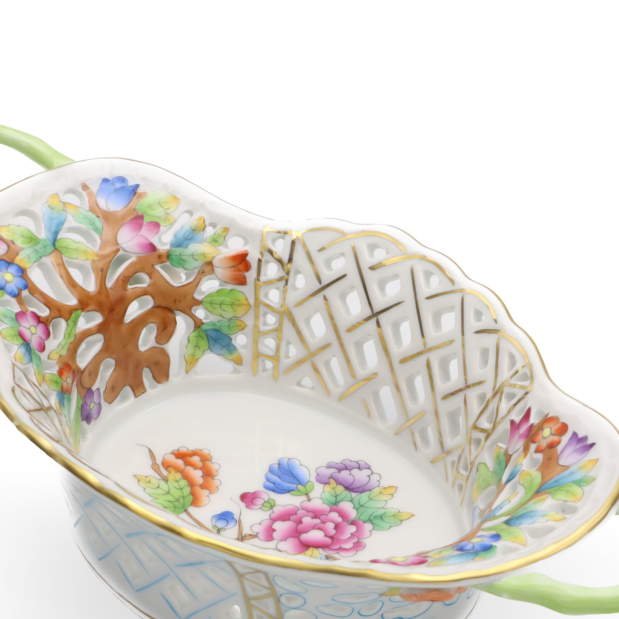 Thumbnail for Herend Vintage Breakthrough Centrepiece: Basket, Gold Rim, Hand-painted Porcelain, Floral Design, Hungarian Craftsmanship, Collectible Decor.