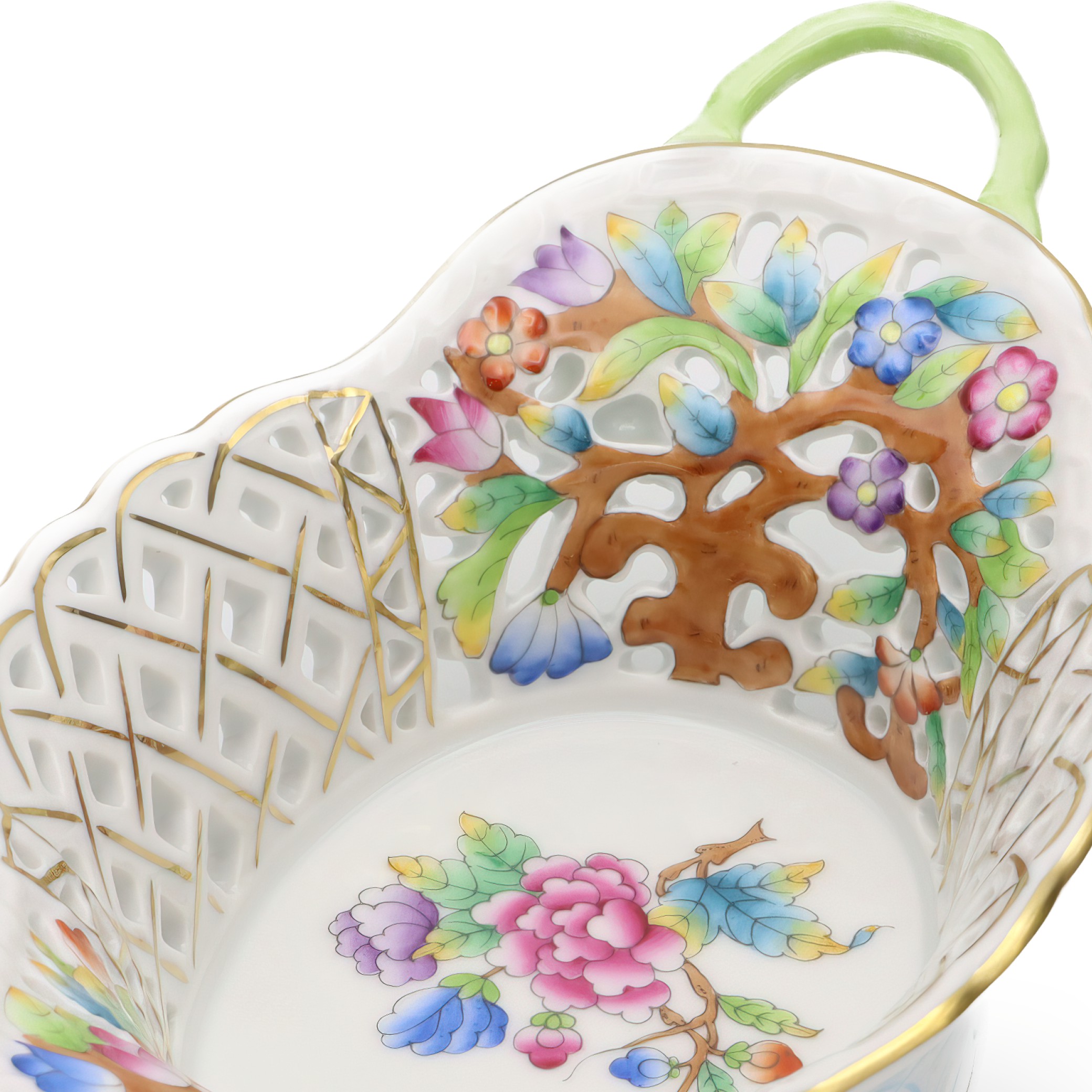 Thumbnail for Herend Vintage Breakthrough Centrepiece: Basket, Gold Rim, Hand-painted Porcelain, Floral Design, Hungarian Craftsmanship, Collectible Decor.