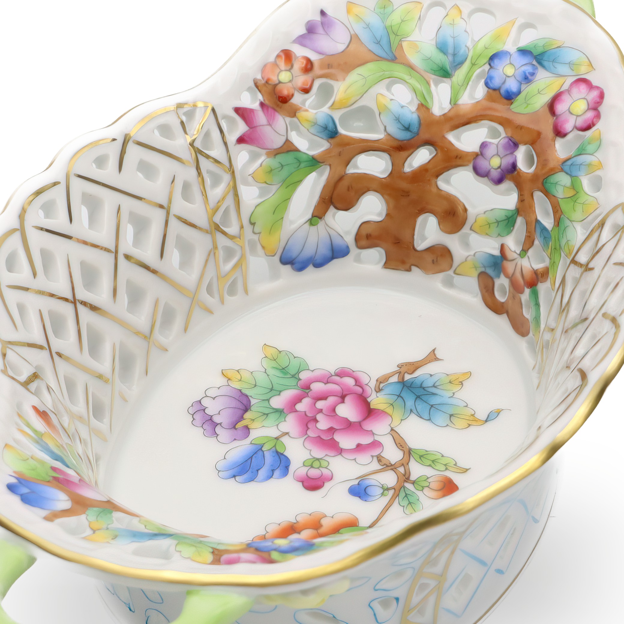 Thumbnail for Herend Vintage Breakthrough Centrepiece: Basket, Gold Rim, Hand-painted Porcelain, Floral Design, Hungarian Craftsmanship, Collectible Decor.