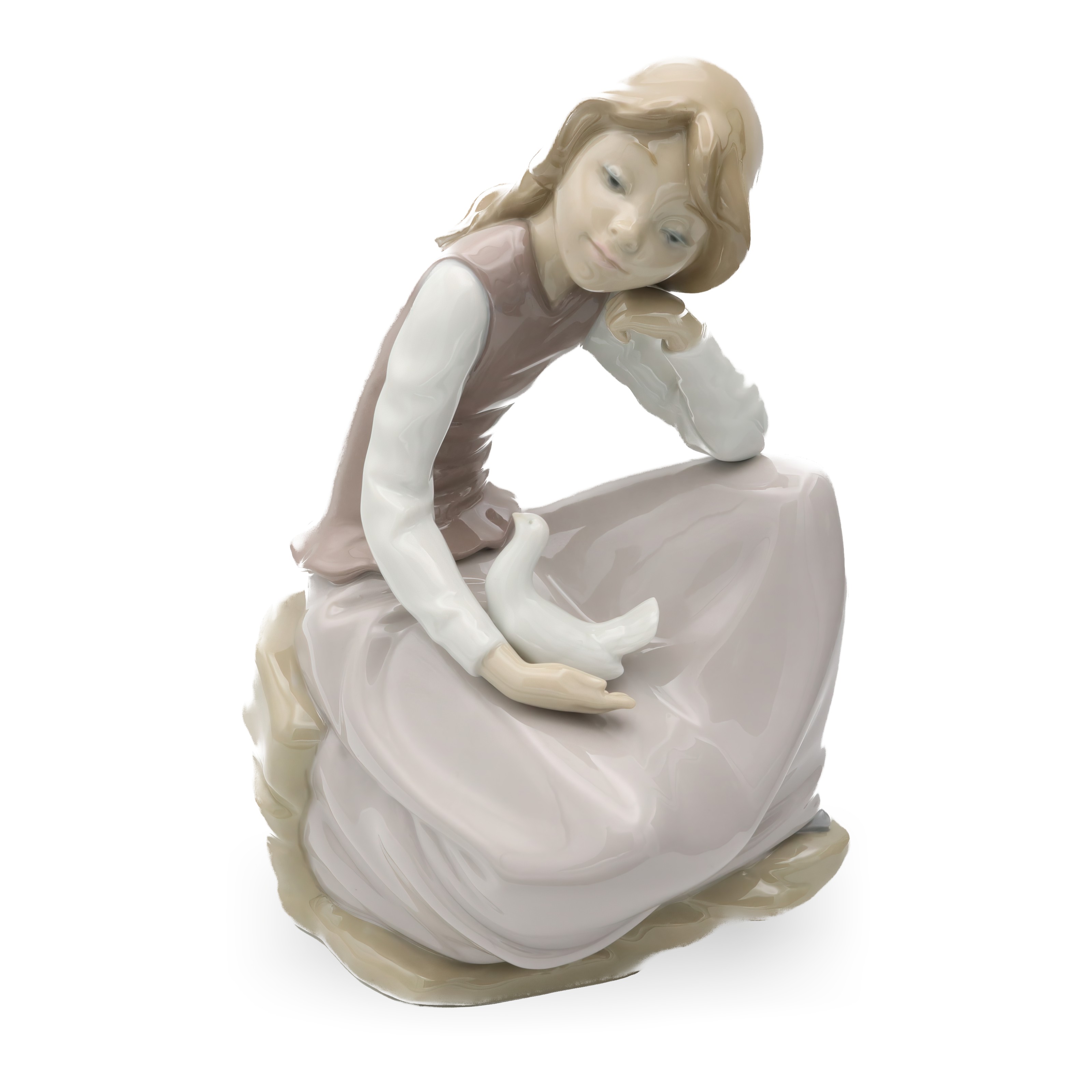 Lladro NAO Porcelain Happy Girl Kneeling with White Dove Figurine 1981 Retired Lladro NAO porcelain figurine of a happy girl kneeling with a white dove in hand, vintage collectible from 1981, retired piece