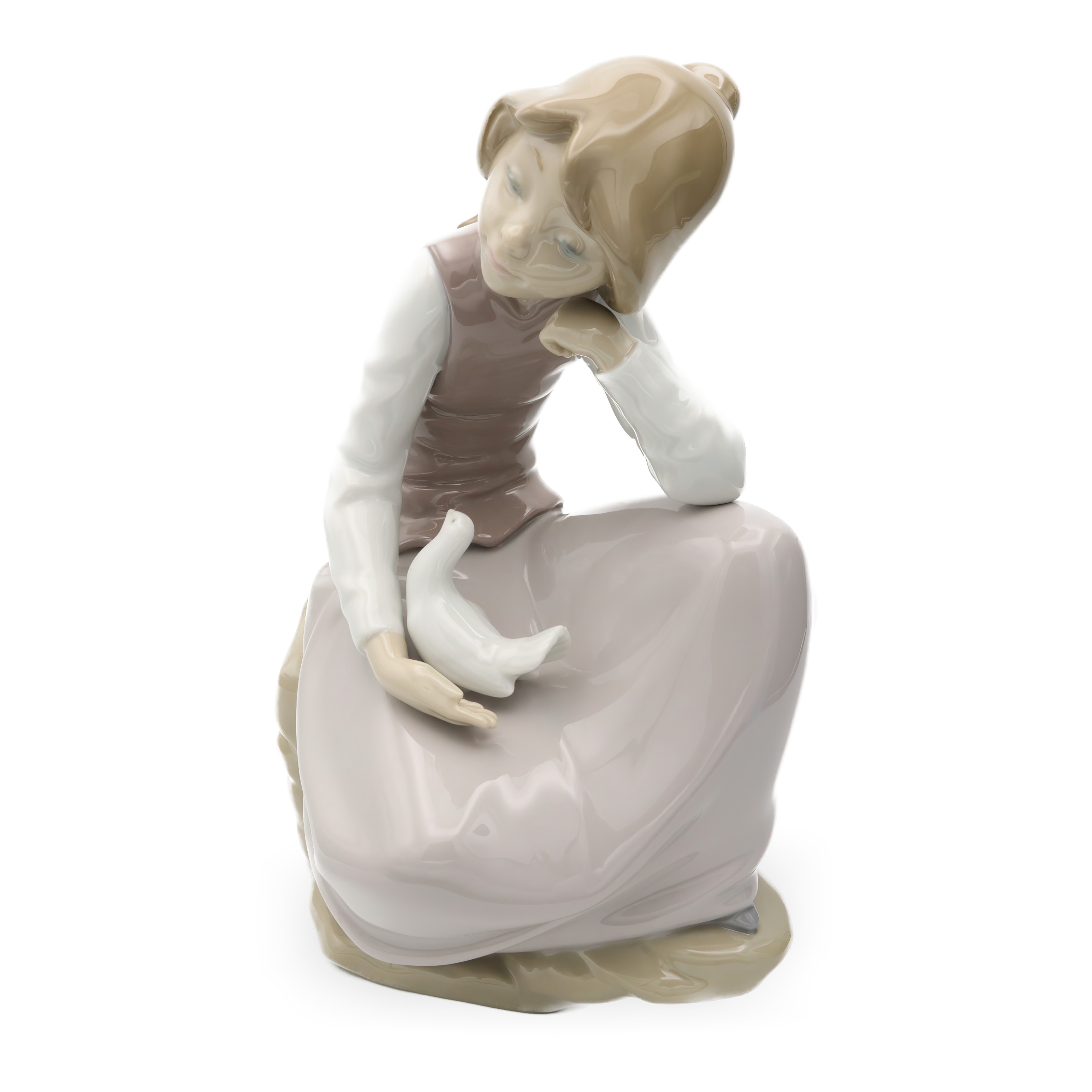Lladro NAO Vintage Porcelain Happy Girl Kneeling with White Dove Figurine 1981 Retired Thumbnail for Lladro Figurine, Vintage NAO Porcelain Happy Girl Kneeling, With White Dove In Hand, 1981, Retired