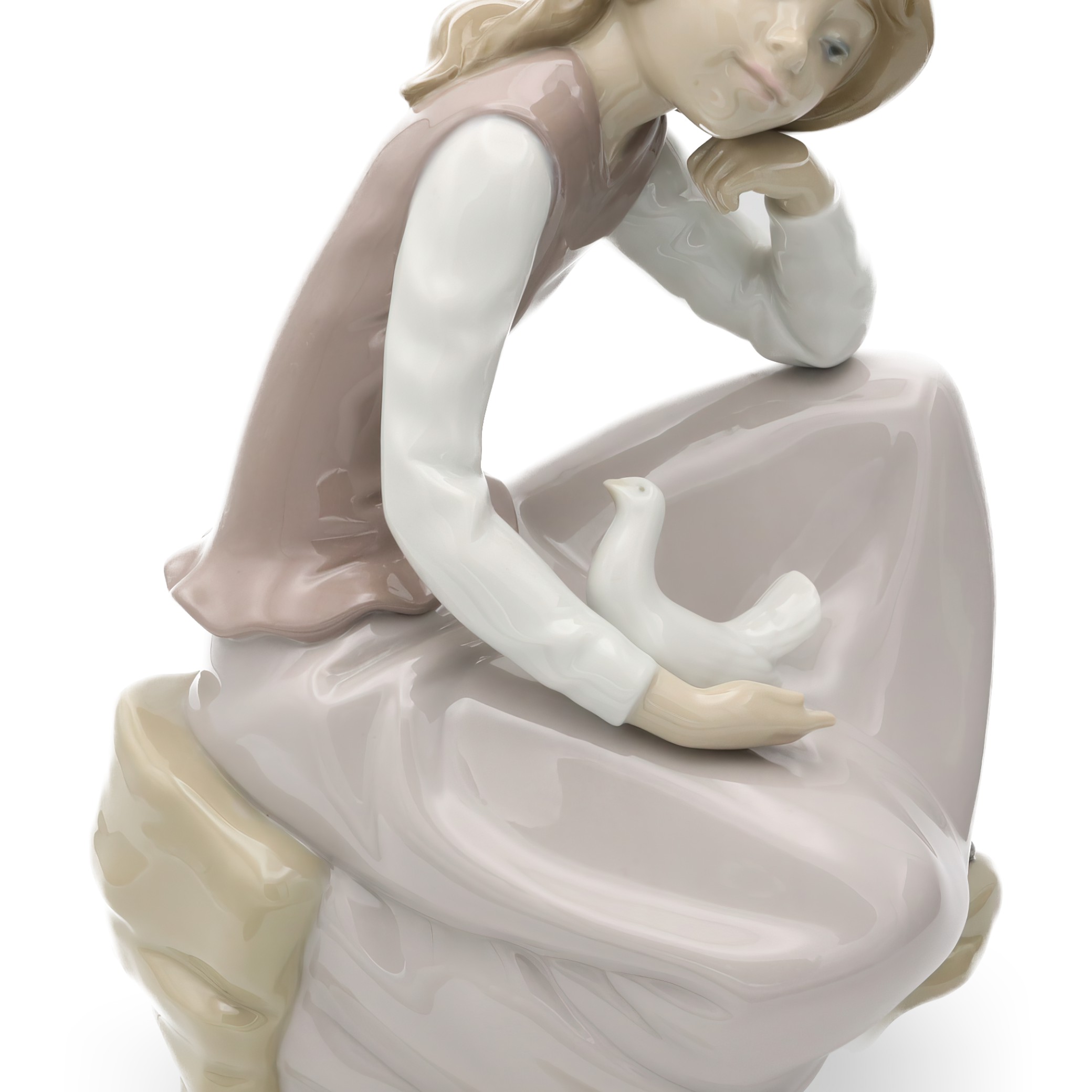 Lladro Figurine, Vintage NAO Porcelain Happy Girl Kneeling, With White Dove In Hand, 1981, Retired
