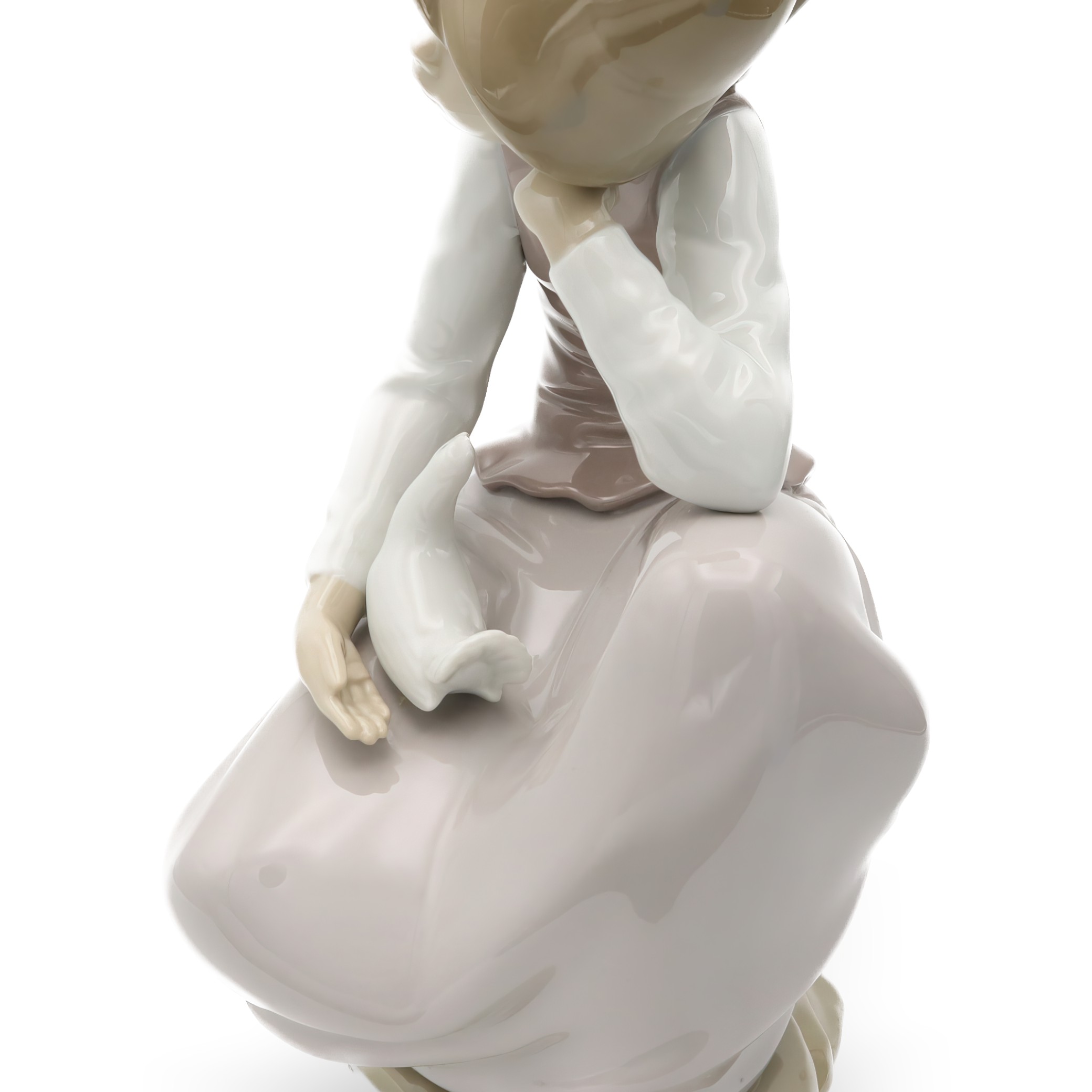 Lladro Figurine, Vintage NAO Porcelain Happy Girl Kneeling, With White Dove In Hand, 1981, Retired