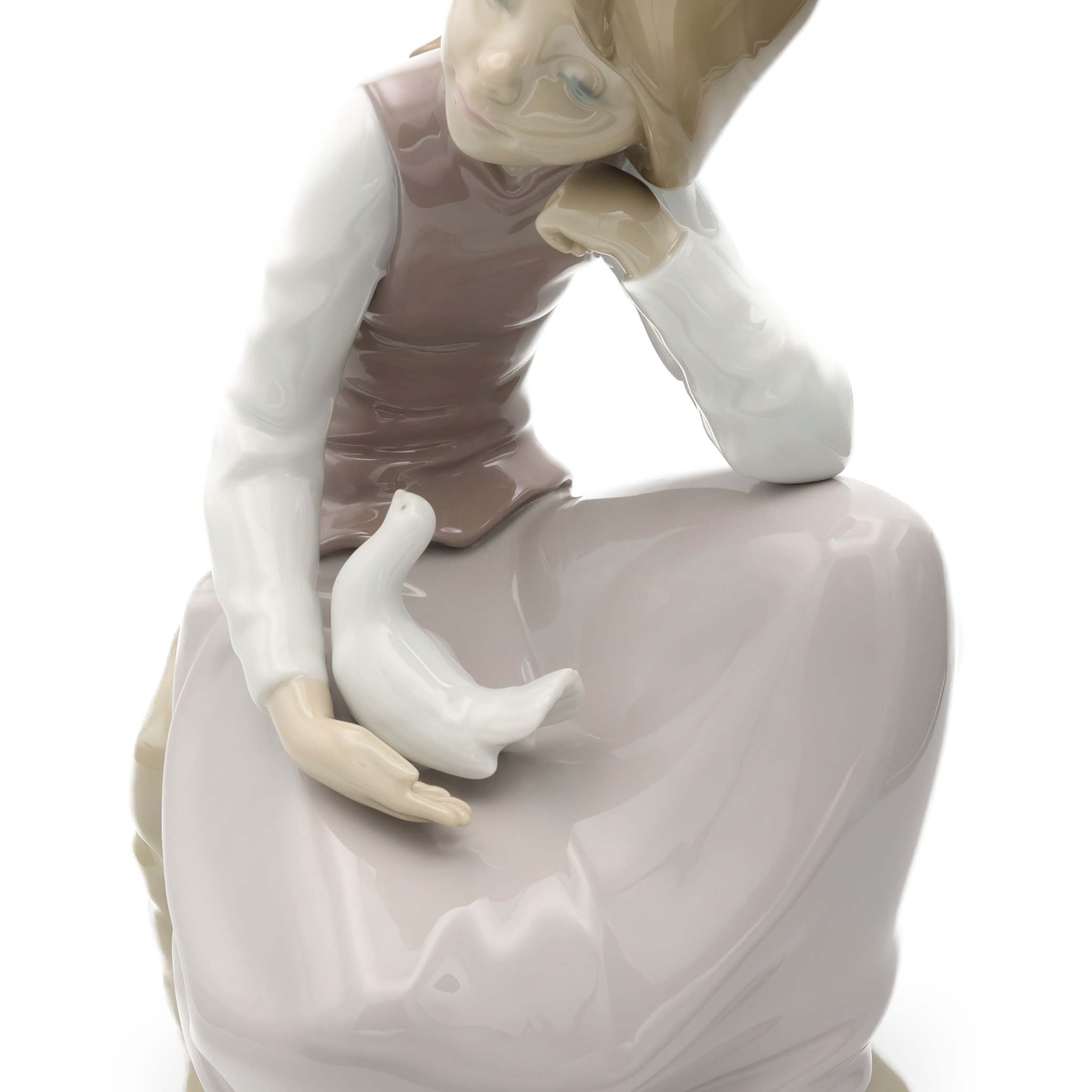 Lladro Figurine, Vintage NAO Porcelain Happy Girl Kneeling, With White Dove In Hand, 1981, Retired