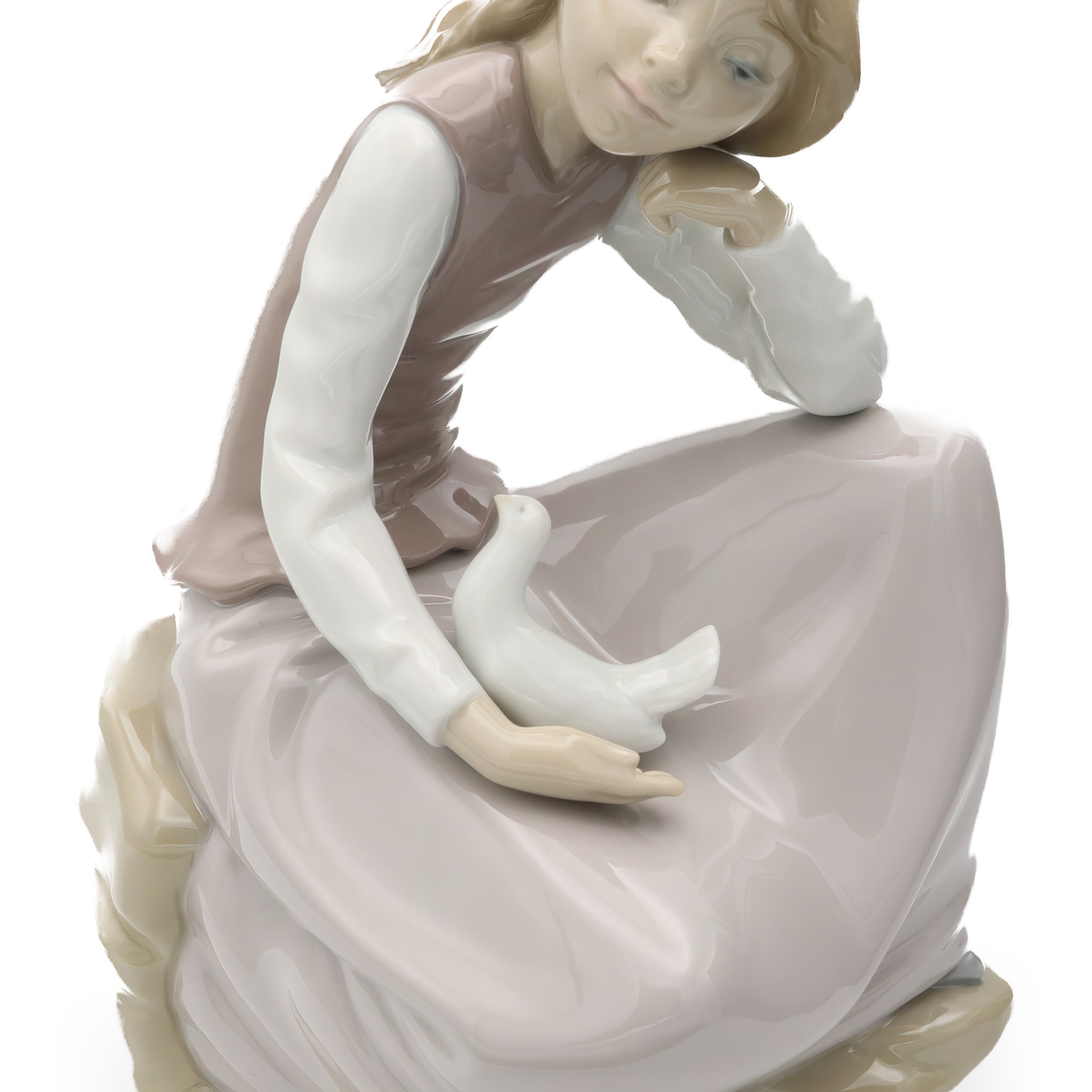 Lladro Figurine, Vintage NAO Porcelain Happy Girl Kneeling, With White Dove In Hand, 1981, Retired