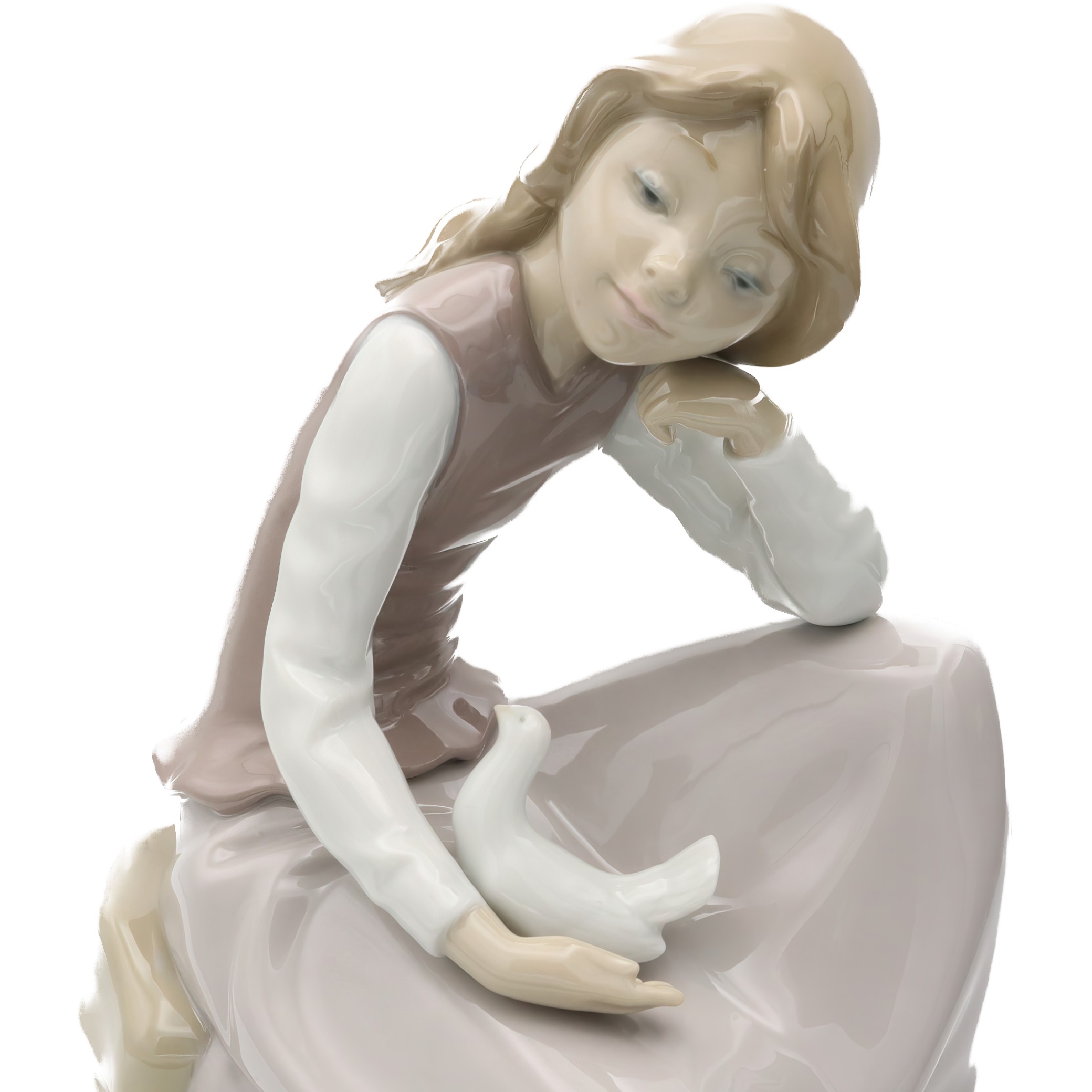 Lladro Figurine, Vintage NAO Porcelain Happy Girl Kneeling, With White Dove In Hand, 1981, Retired
