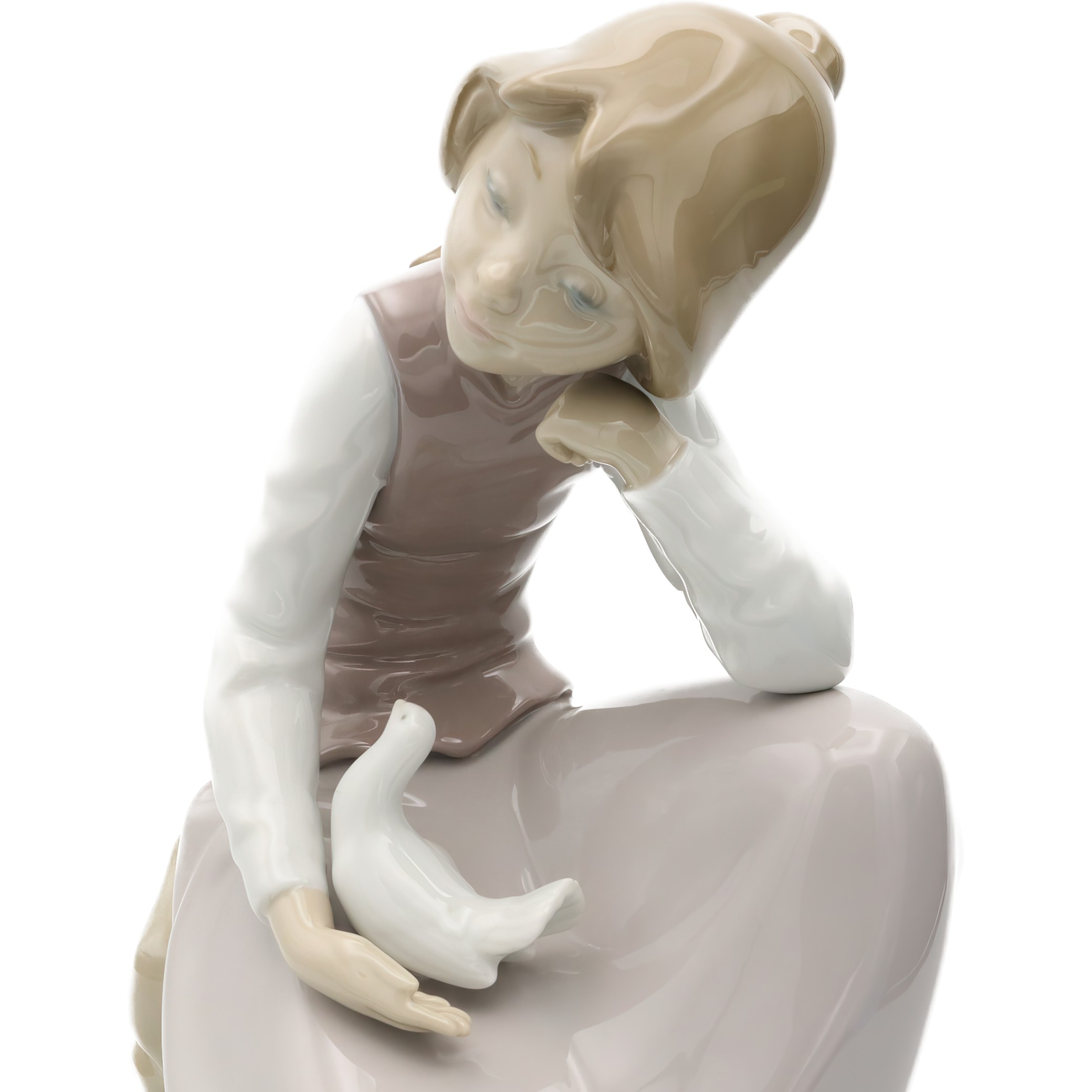 Lladro Figurine, Vintage NAO Porcelain Happy Girl Kneeling, With White Dove In Hand, 1981, Retired