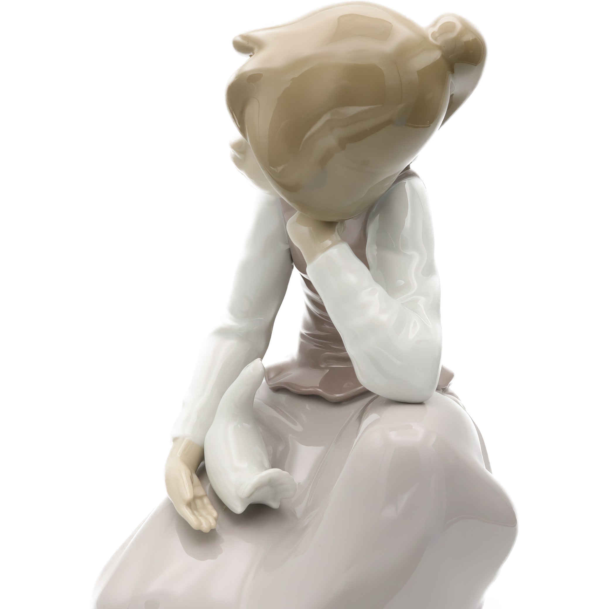 Lladro Figurine, Vintage NAO Porcelain Happy Girl Kneeling, With White Dove In Hand, 1981, Retired