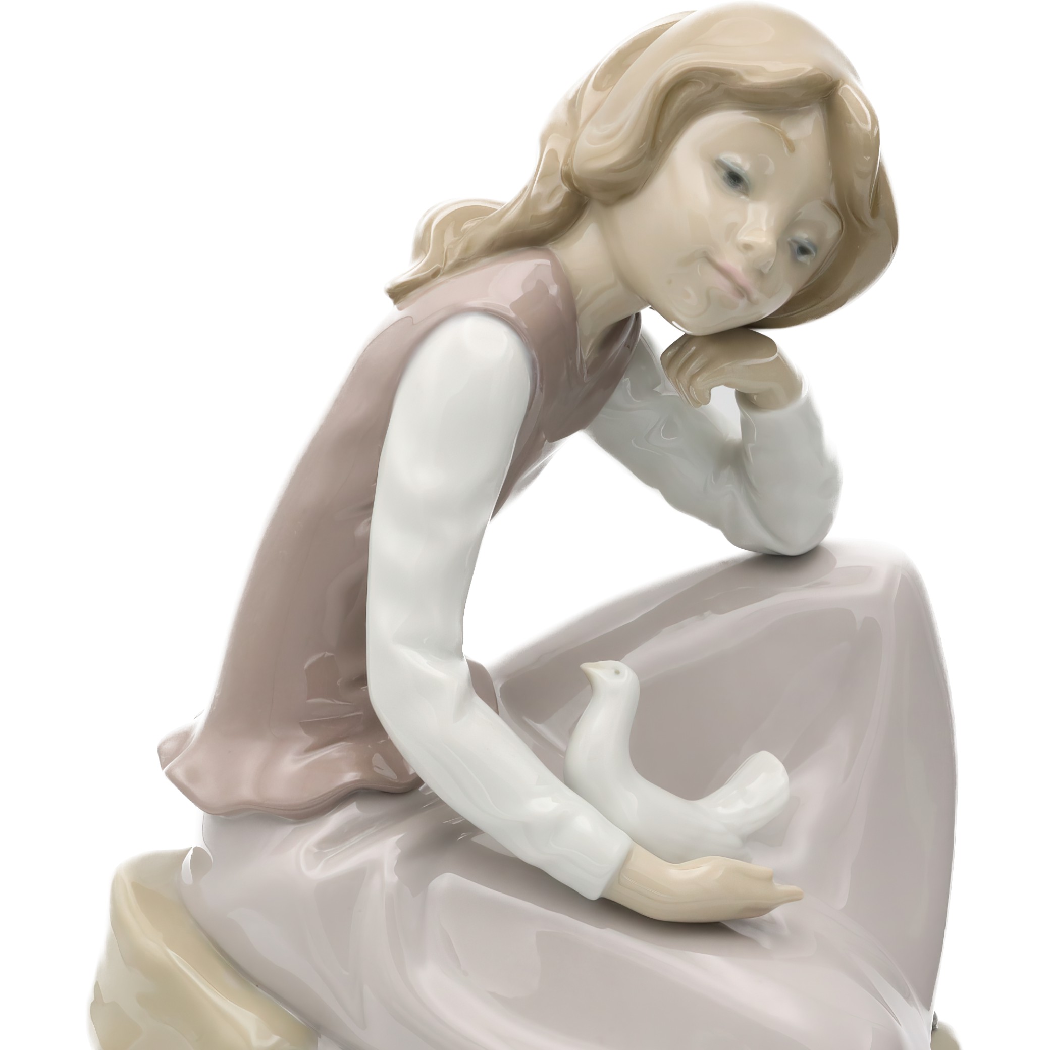 Lladro Figurine, Vintage NAO Porcelain Happy Girl Kneeling, With White Dove In Hand, 1981, Retired