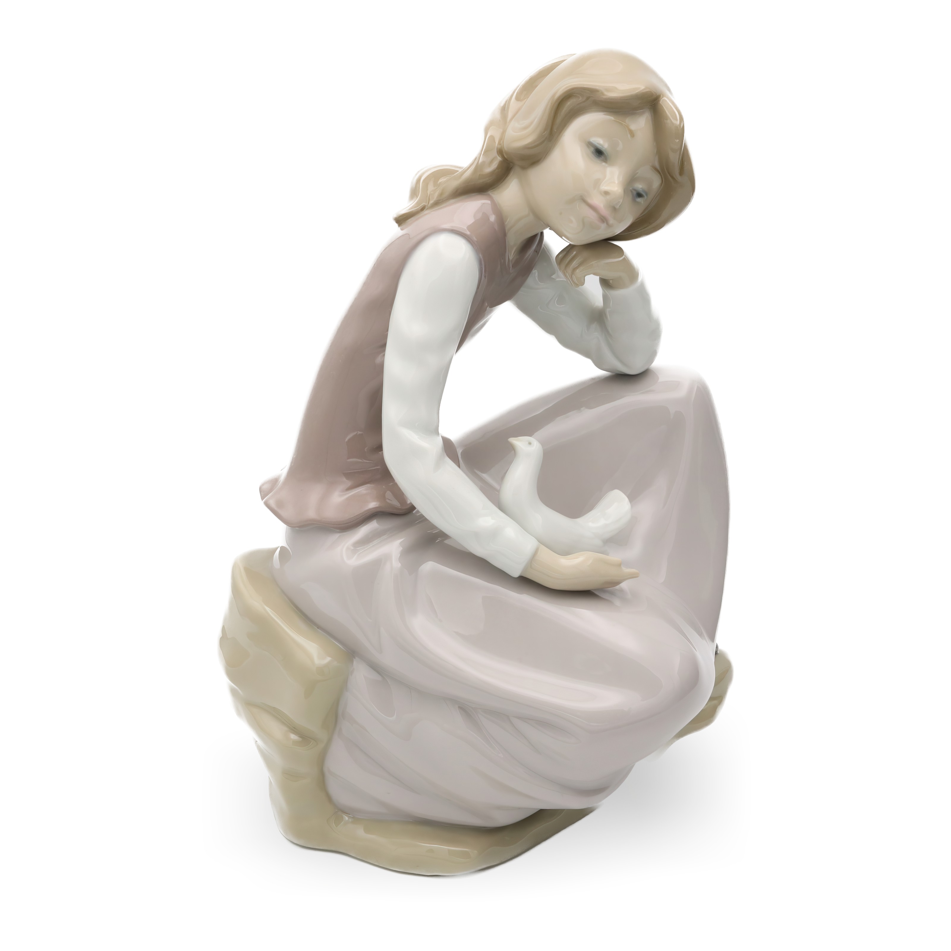 Lladro NAO Porcelain Happy Girl Kneeling with White Dove Figurine 1981 Retired Thumbnail for Lladro Figurine, Vintage NAO Porcelain Happy Girl Kneeling, With White Dove In Hand, 1981, Retired