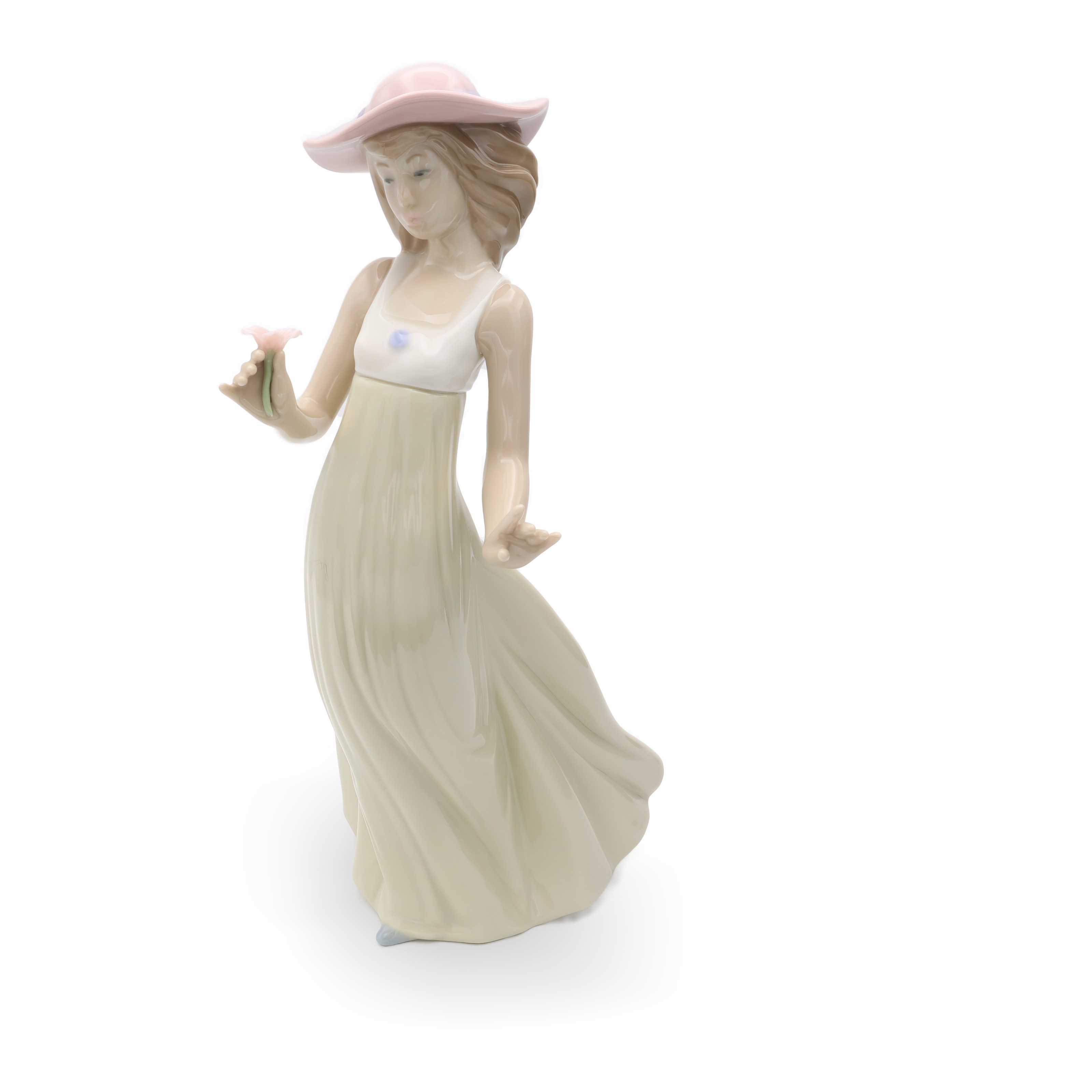Lladro NAO Vintage Porcelain Figurine Young Woman in Pink Hat and Green Dress with Flower Collectible Ornament Lladro NAO porcelain figurine of young woman in pink hat and green dress holding flower, Spanish handcrafted collectible sculpture