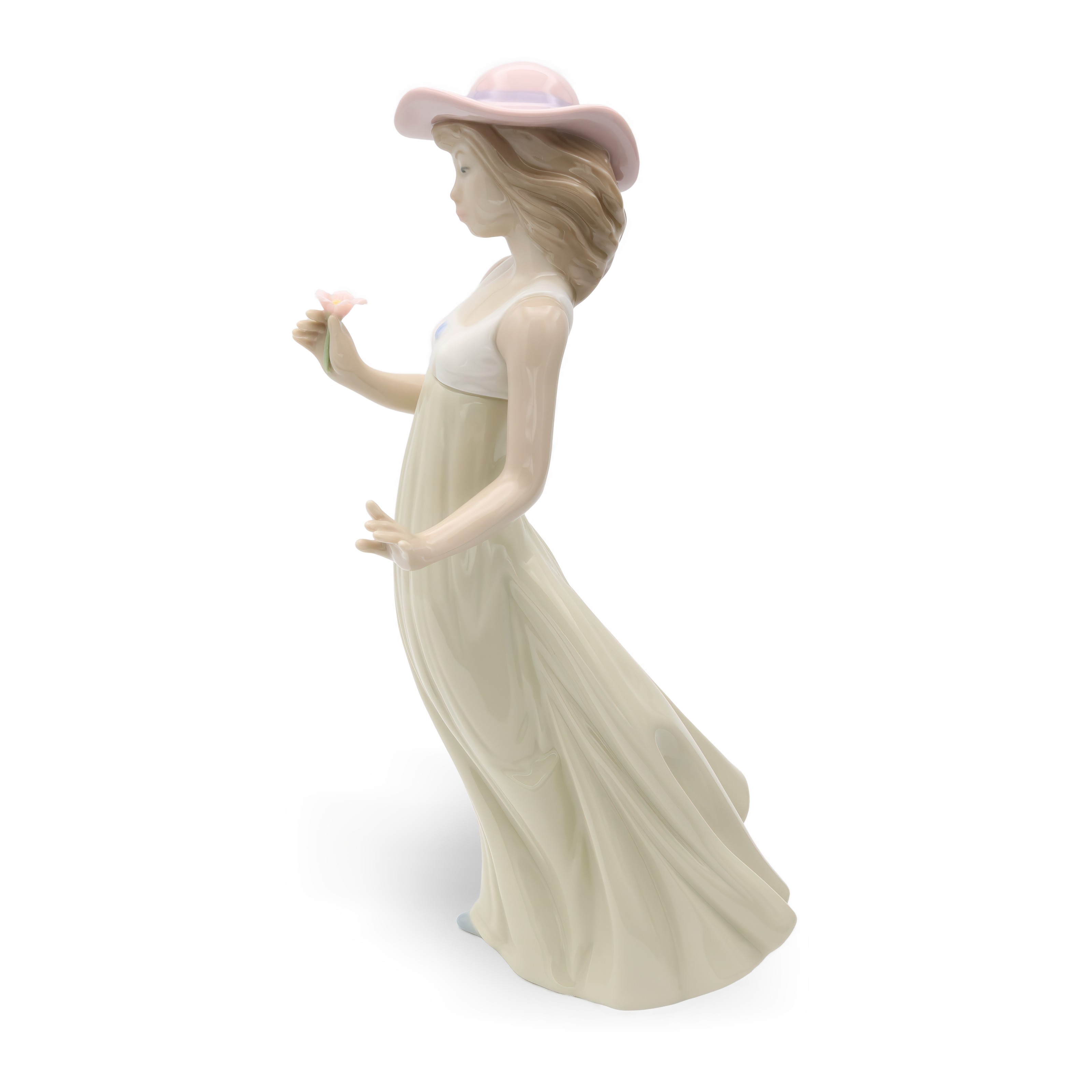 Lladro NAO Porcelain Figurine Young Woman Pink Hat Green Dress with Flower Spanish Collectible Thumbnail for Lladro Figurine, Vintage NAO Porcelain Young Woman Pink Hat, Green Dress With Flower In Hand, Long Summer Dress, Collectible Ornament, Spanish Handcrafted Sculpture
