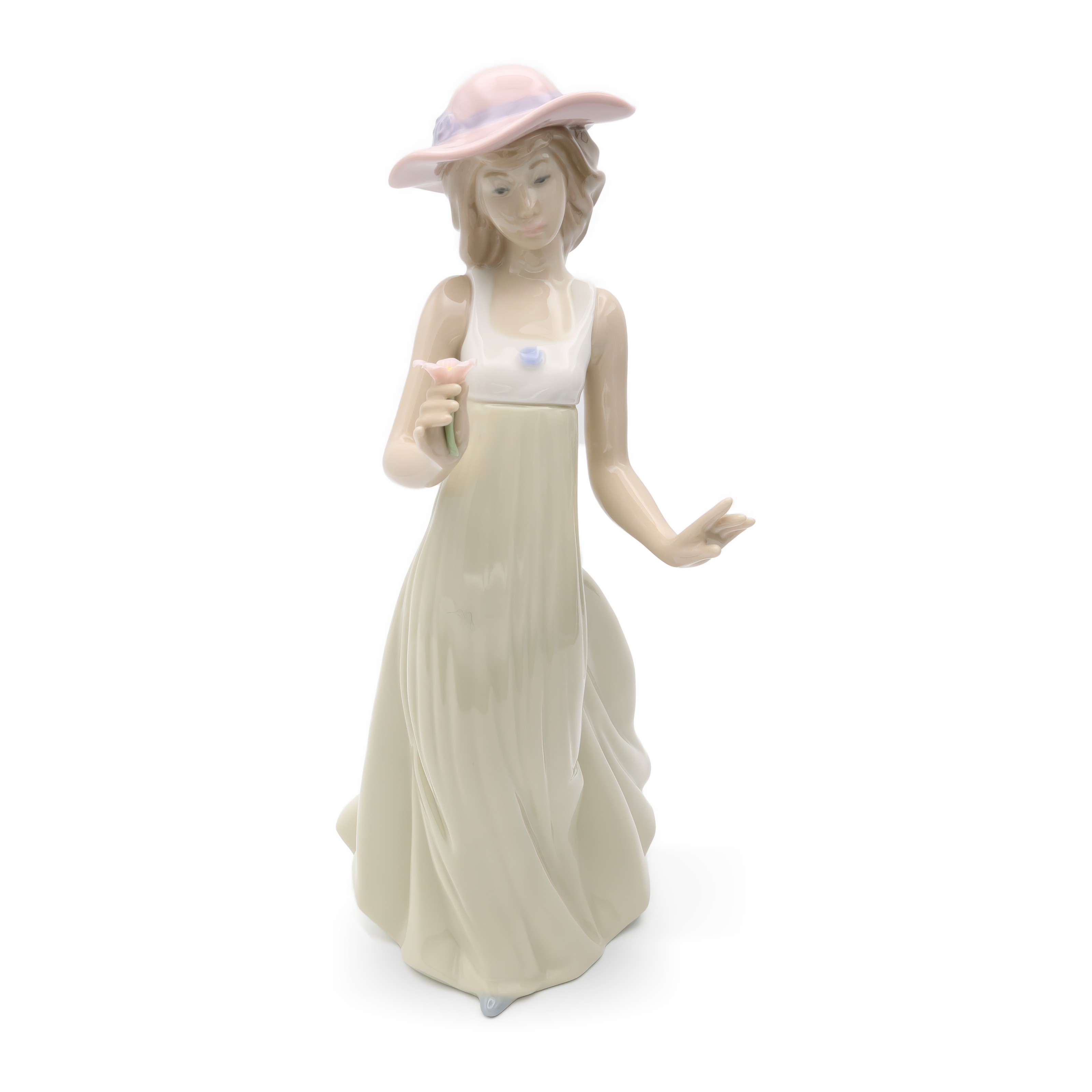 Lladro NAO Vintage Porcelain Figurine Young Woman in Pink Hat and Green Dress with Flower Thumbnail for Lladro Figurine, Vintage NAO Porcelain Young Woman Pink Hat, Green Dress With Flower In Hand, Long Summer Dress, Collectible Ornament, Spanish Handcrafted Sculpture