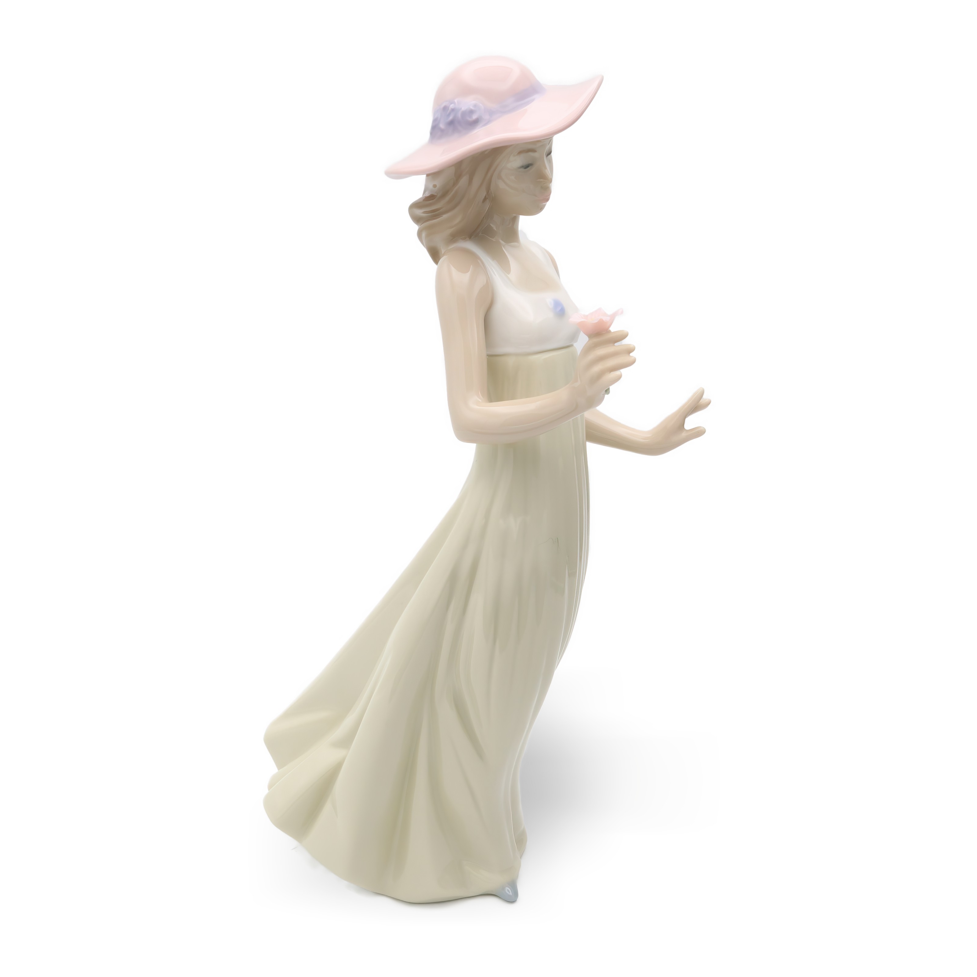 Lladro NAO Porcelain Figurine Young Woman in Pink Hat and Green Dress Holding Flower Collectible Ornament Thumbnail for Lladro Figurine, Vintage NAO Porcelain Young Woman Pink Hat, Green Dress With Flower In Hand, Long Summer Dress, Collectible Ornament, Spanish Handcrafted Sculpture