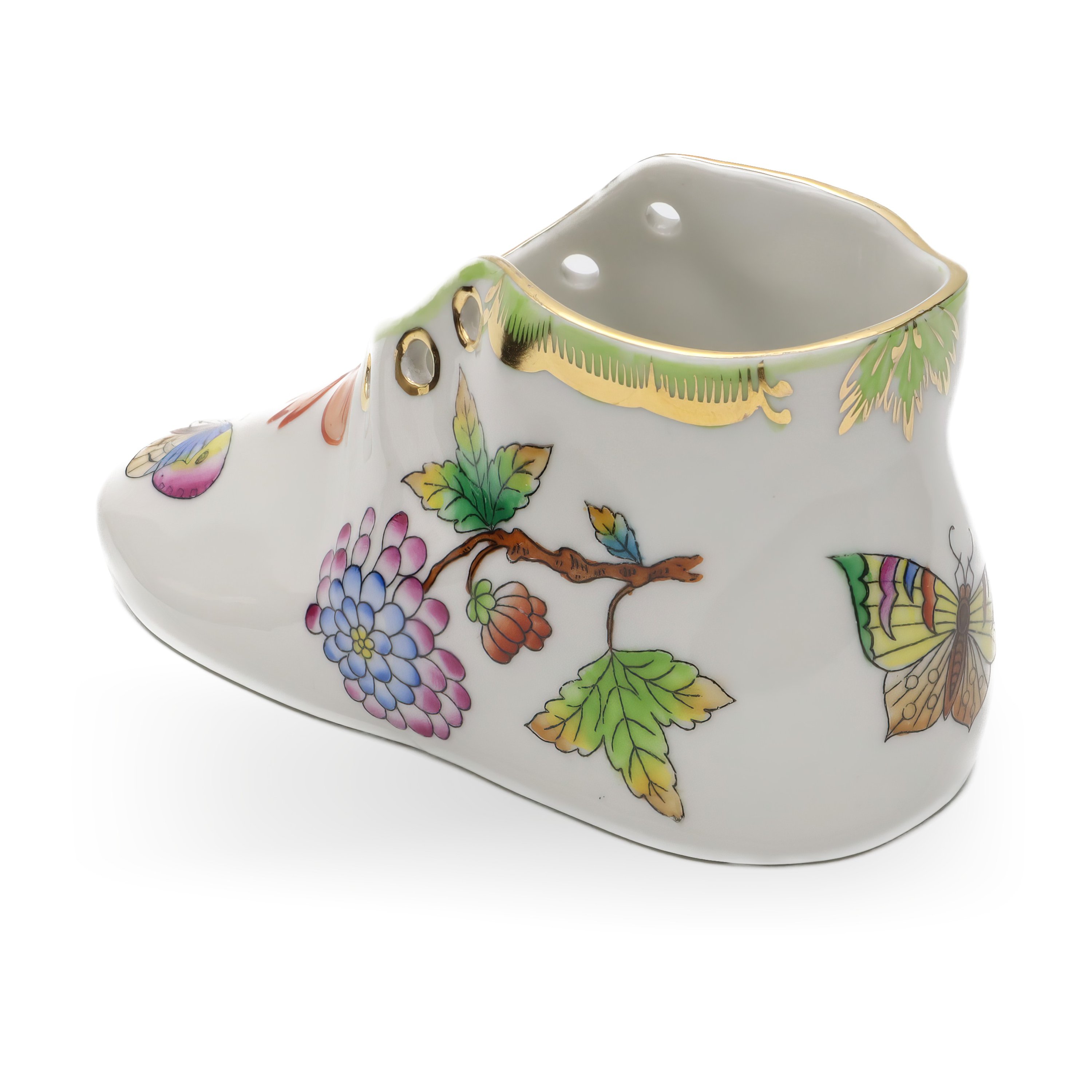 Vintage Herend Hand Painted Porcelain Baby Shoe Queen Victoria Pattern, Exquisite Collector's Piece Displaying Timeless Floral Elegance