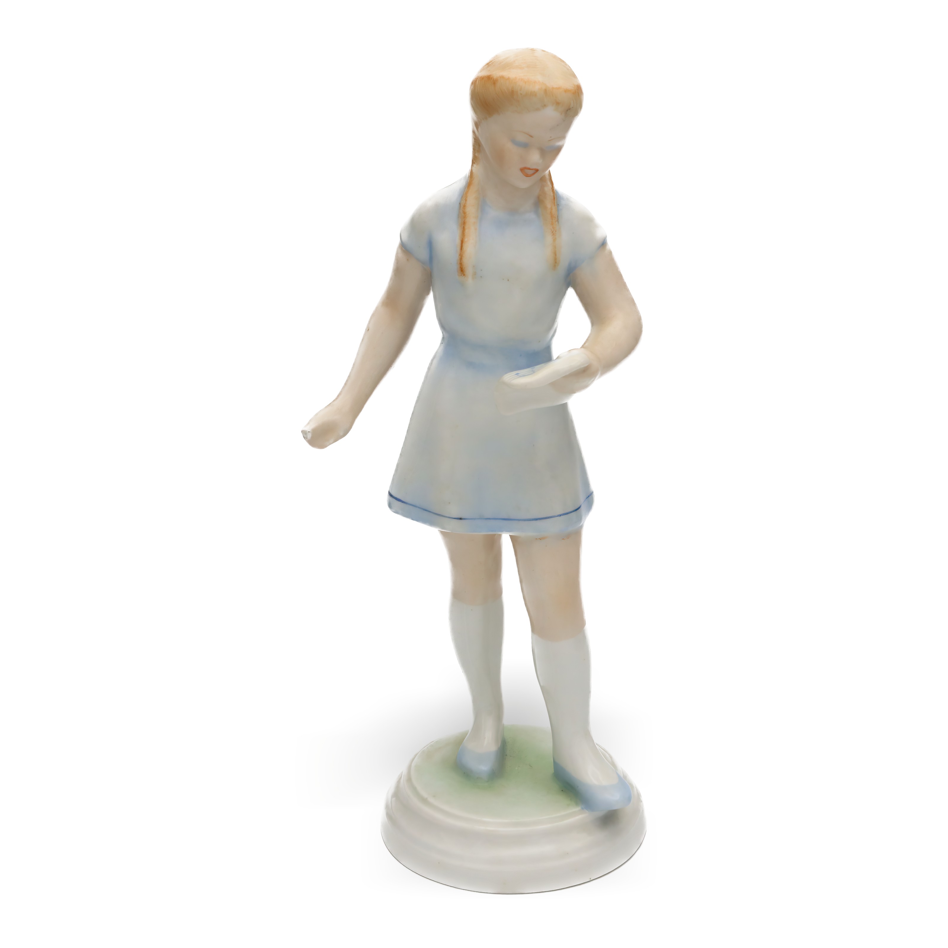 Vintage Porcelain Singing Girl Figurine Handcrafted Collectible Statue Vintage porcelain singing girl figurine handcrafted room decor statue collectible with blue dress and pigtails