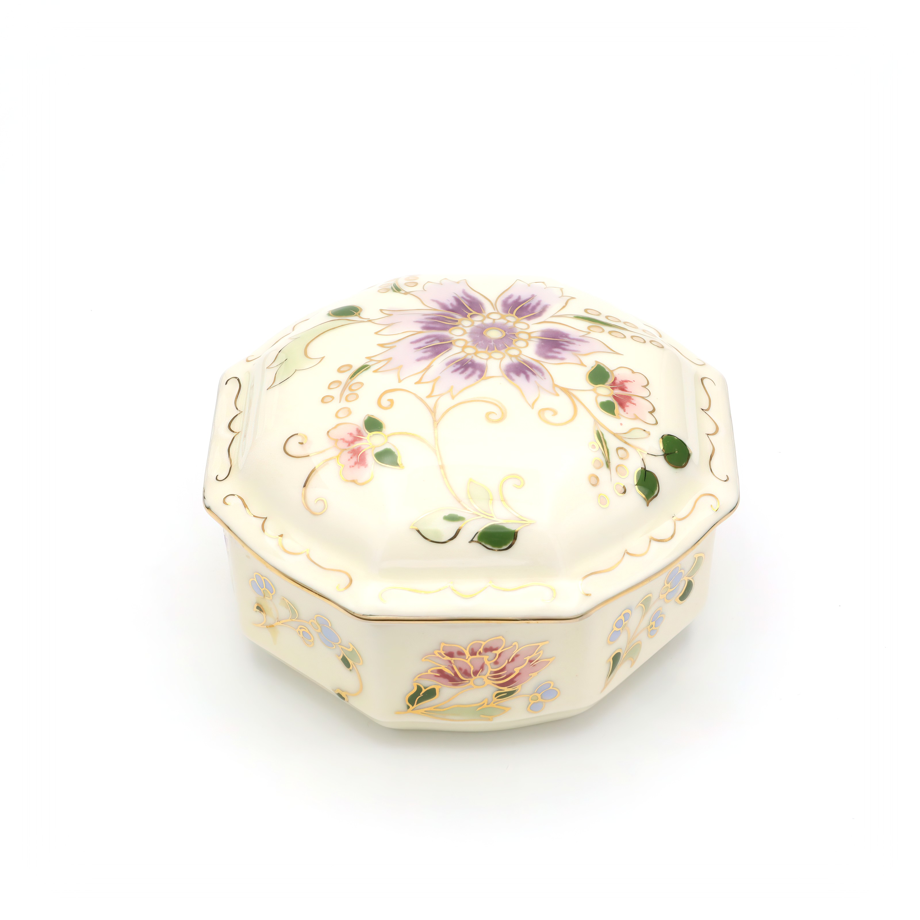 Zsolnay Porcelain Octagonal Trinket Box Hand-Painted Vintage Keepsake Container Zsolnay Porcelain trinket box, octagonal hand-painted vintage ceramic keepsake container with floral design