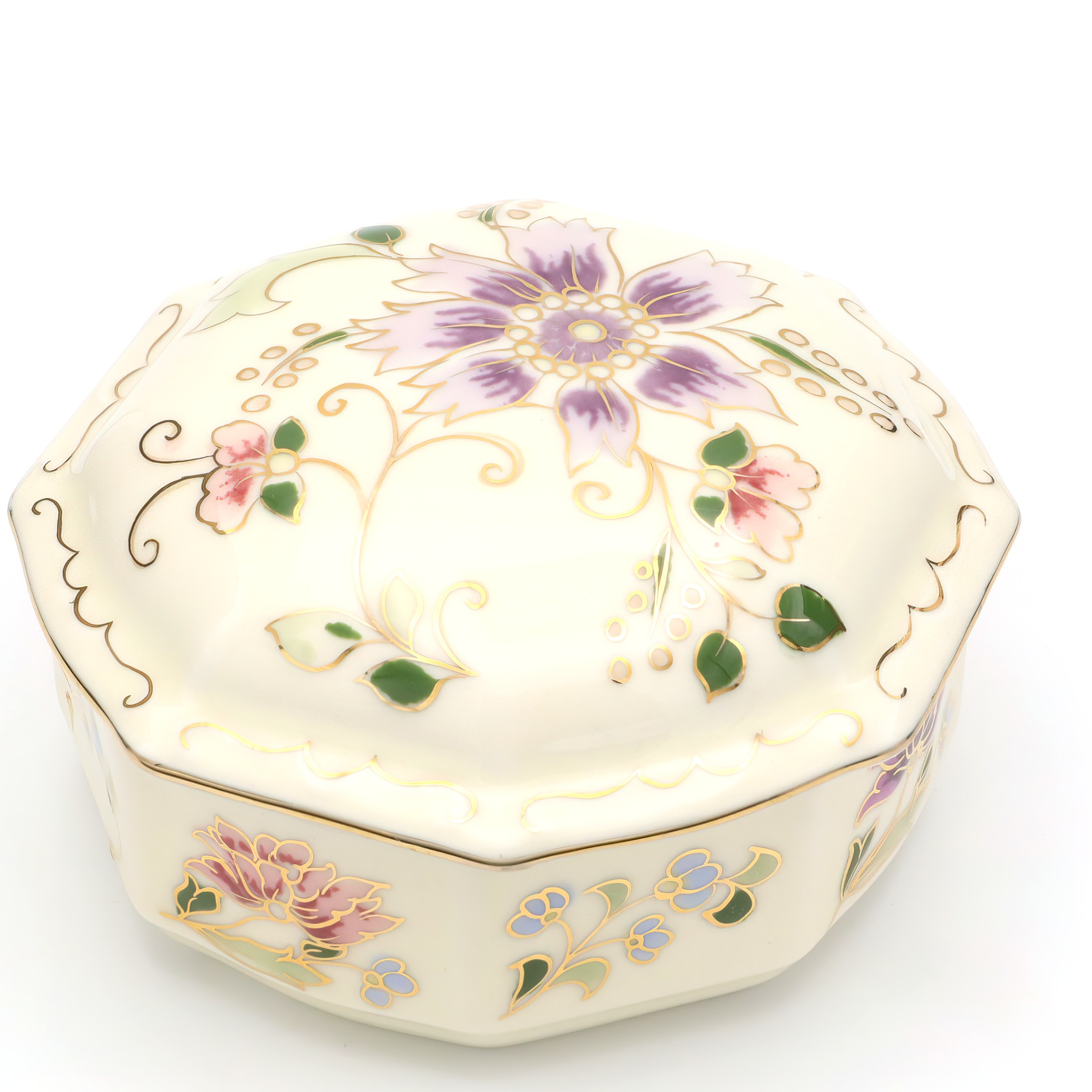 Zsolnay Porcelain Trinket Box, Octagonal, Hand-Painted Vintage Keepsake Container, Ceramic Trinket Box