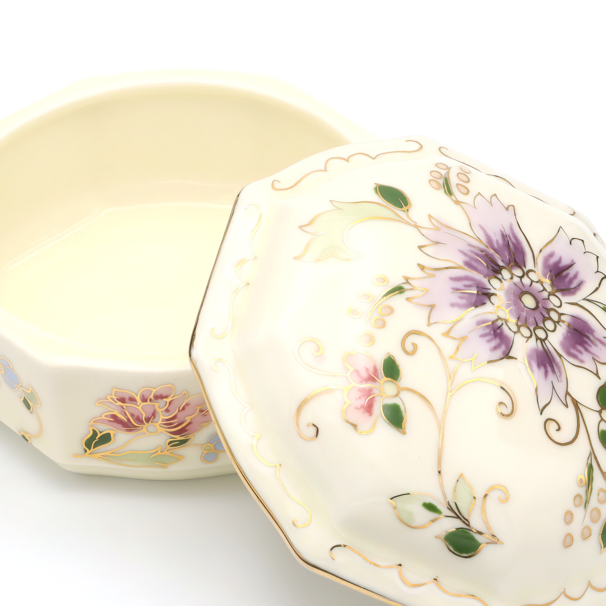 Zsolnay Porcelain Trinket Box, Octagonal, Hand-Painted Vintage Keepsake Container, Ceramic Trinket Box