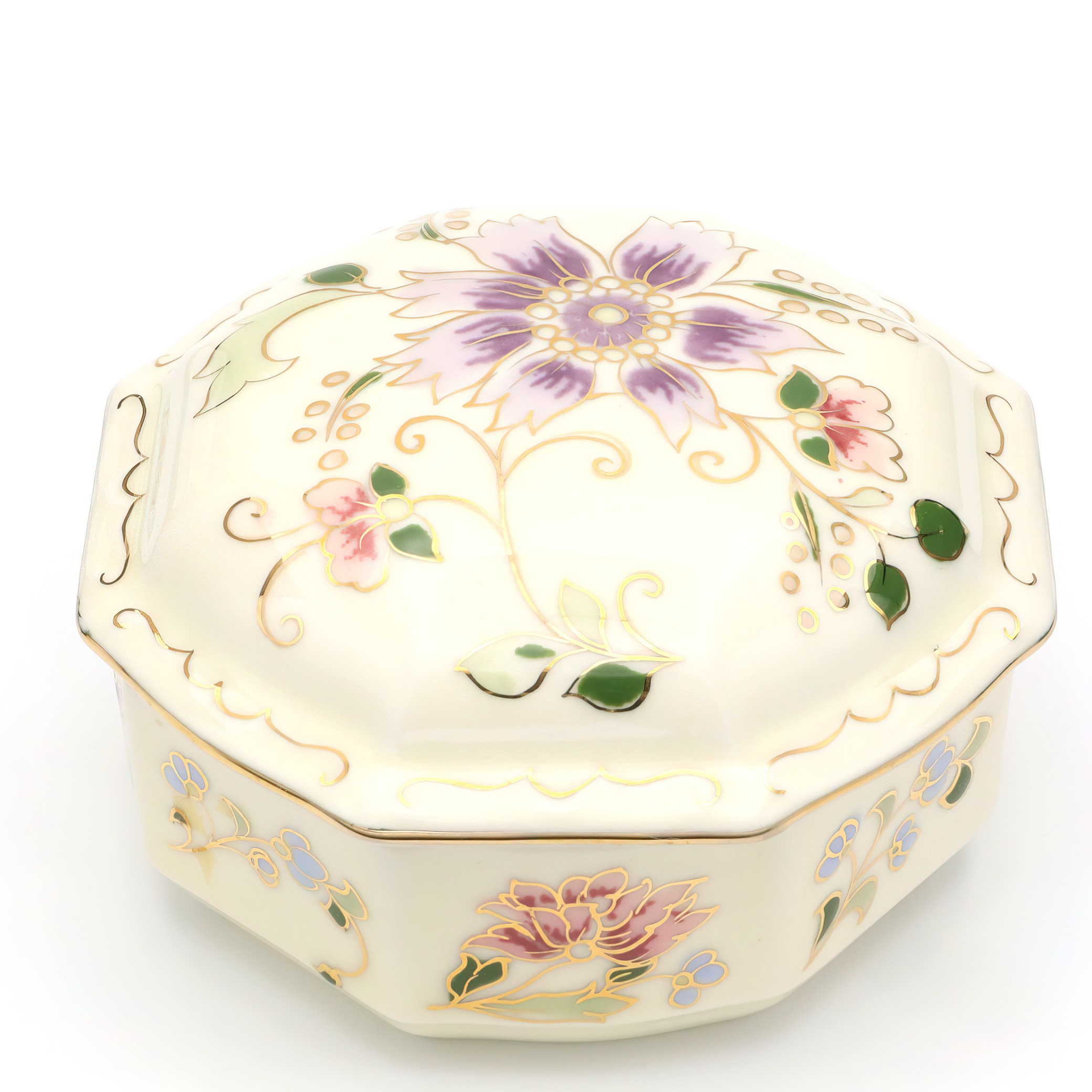 Zsolnay Porcelain Trinket Box, Octagonal, Hand-Painted Vintage Keepsake Container, Ceramic Trinket Box