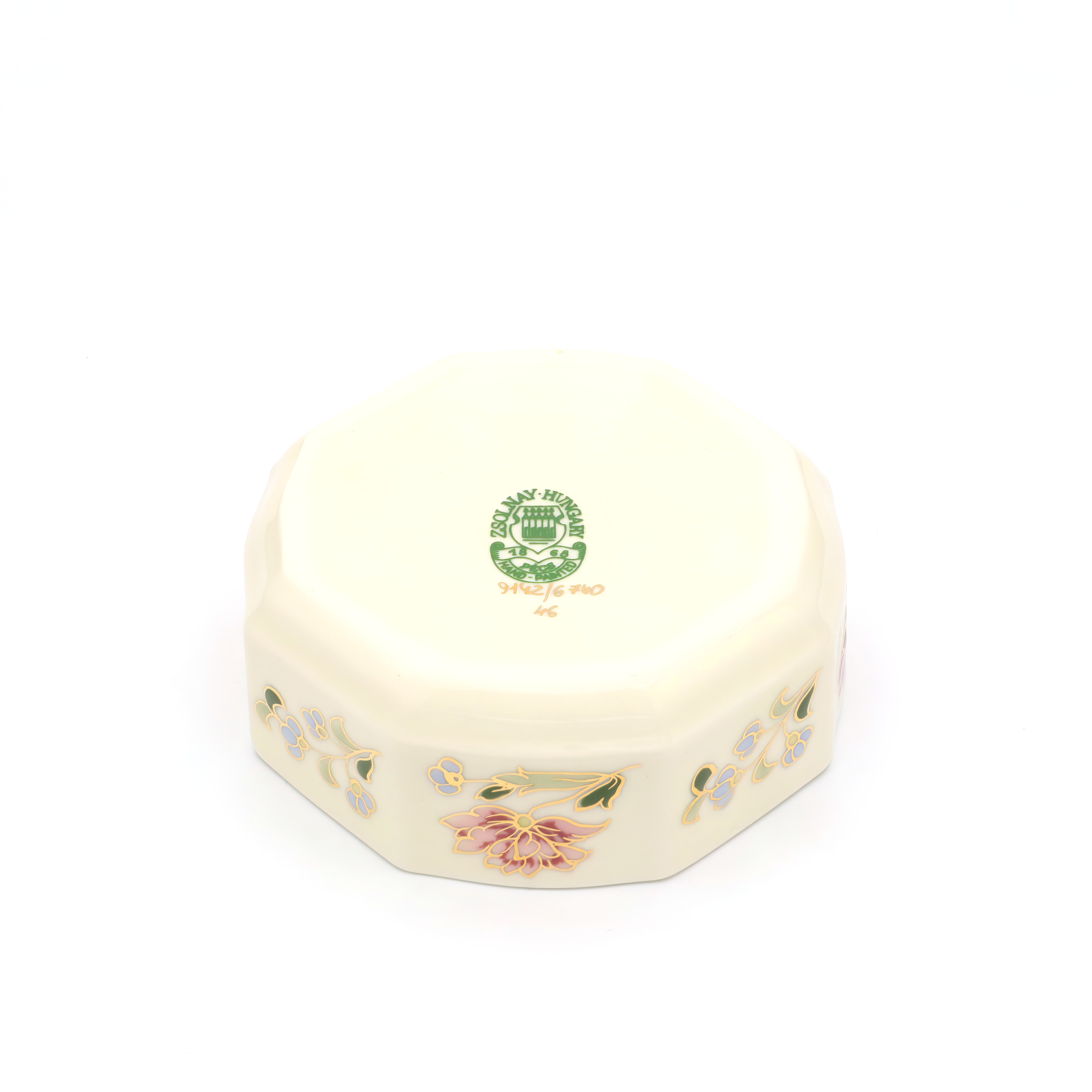 Zsolnay Porcelain Octagonal Trinket Box Base Detailed View Thumbnail for Zsolnay Porcelain Trinket Box, Octagonal, Hand-Painted Vintage Keepsake Container, Ceramic Trinket Box