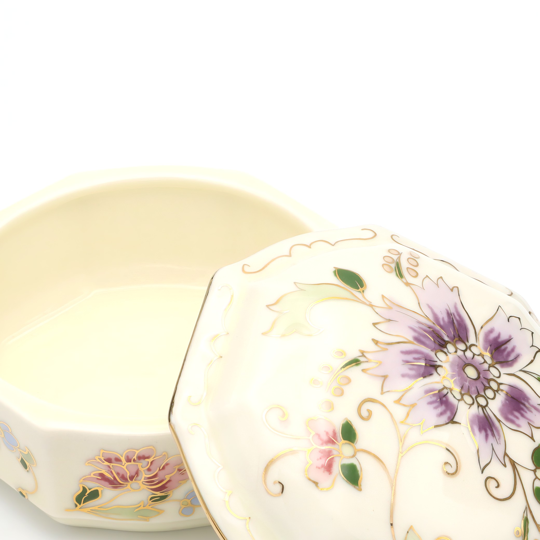 Zsolnay Porcelain Trinket Box, Octagonal, Hand-Painted Vintage Keepsake Container, Ceramic Trinket Box
