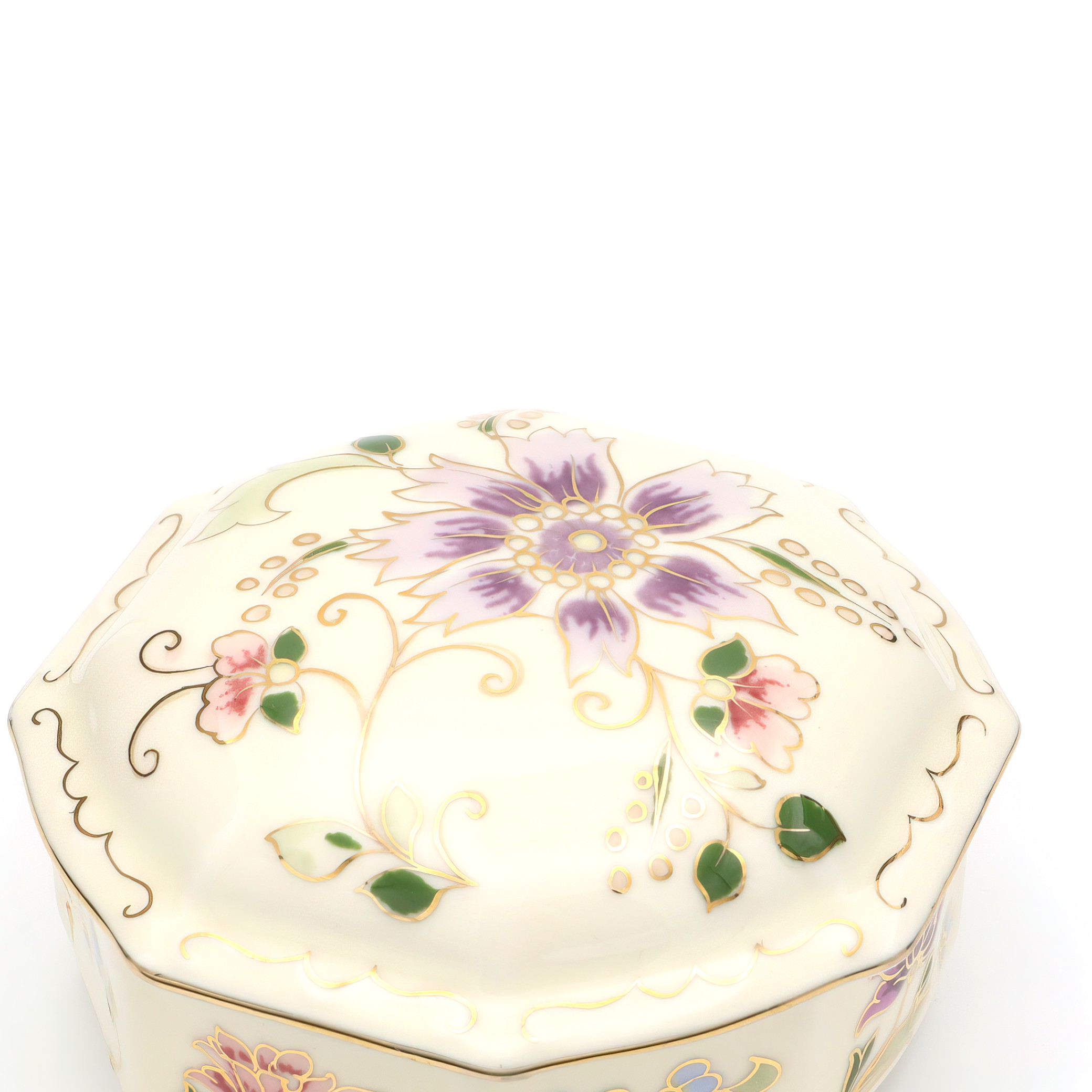 Zsolnay Porcelain Trinket Box, Octagonal, Hand-Painted Vintage Keepsake Container, Ceramic Trinket Box