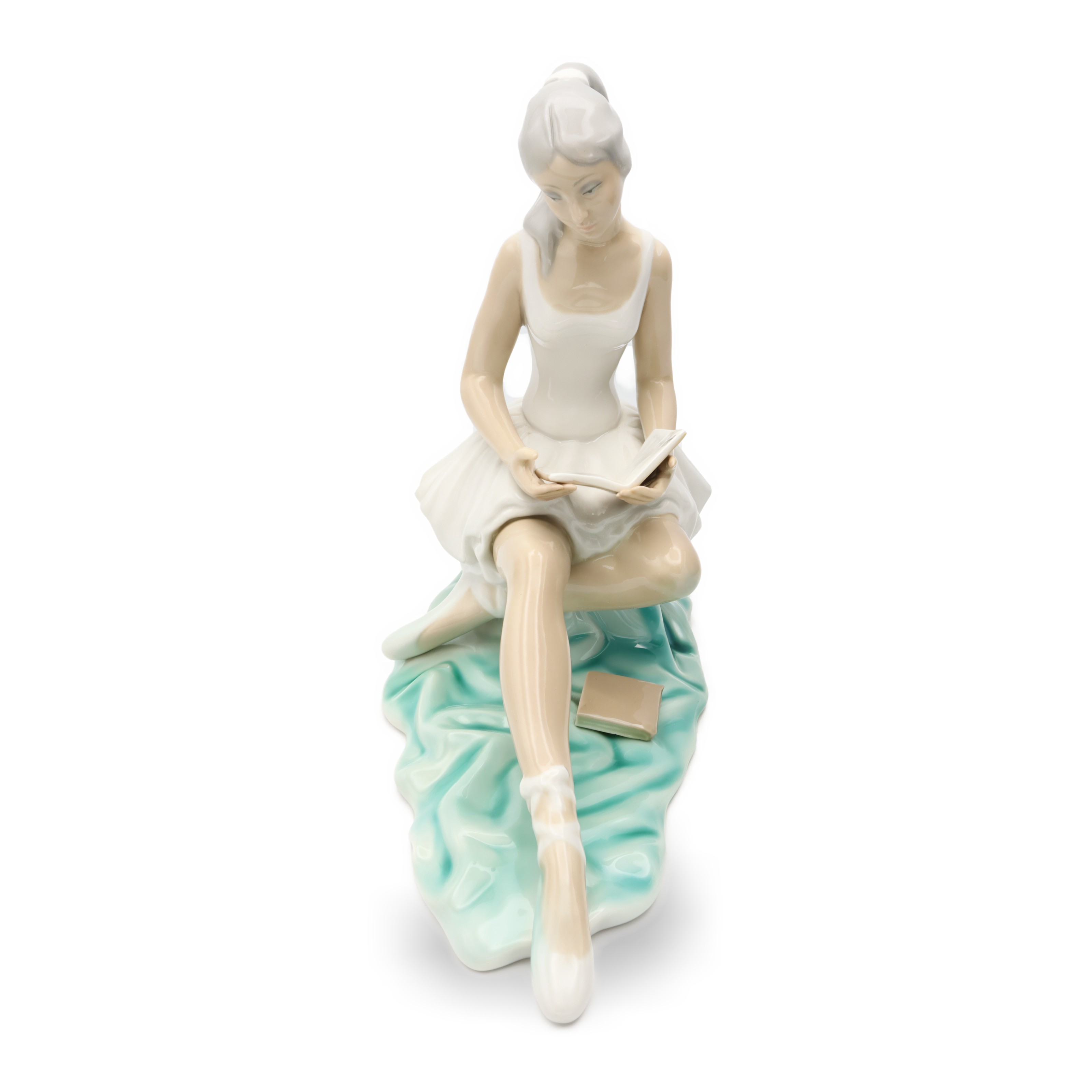 Ballerina Porcelain Doll Hand Made Tengra Vintage Collectible Figurine Ballerina porcelain doll hand made Tengra vintage collectible figurine sitting and reading a book on a blue base