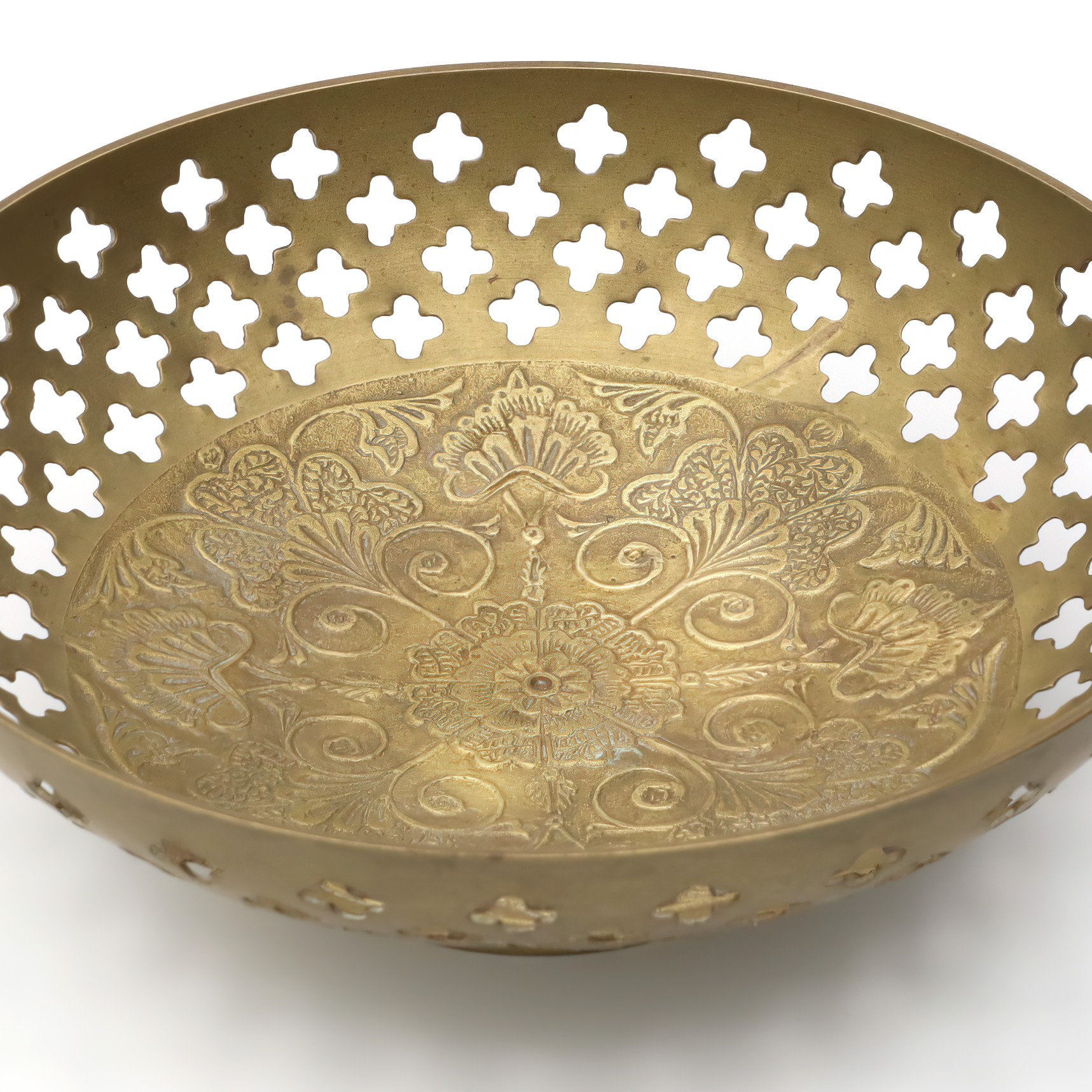 Hand Made Vintage Brass Bowl, Quatrefoil Shaped Cut Outs, Etched Floral Pattern In Center, Intricately Crafted Decorative Piece With Timeless Charm