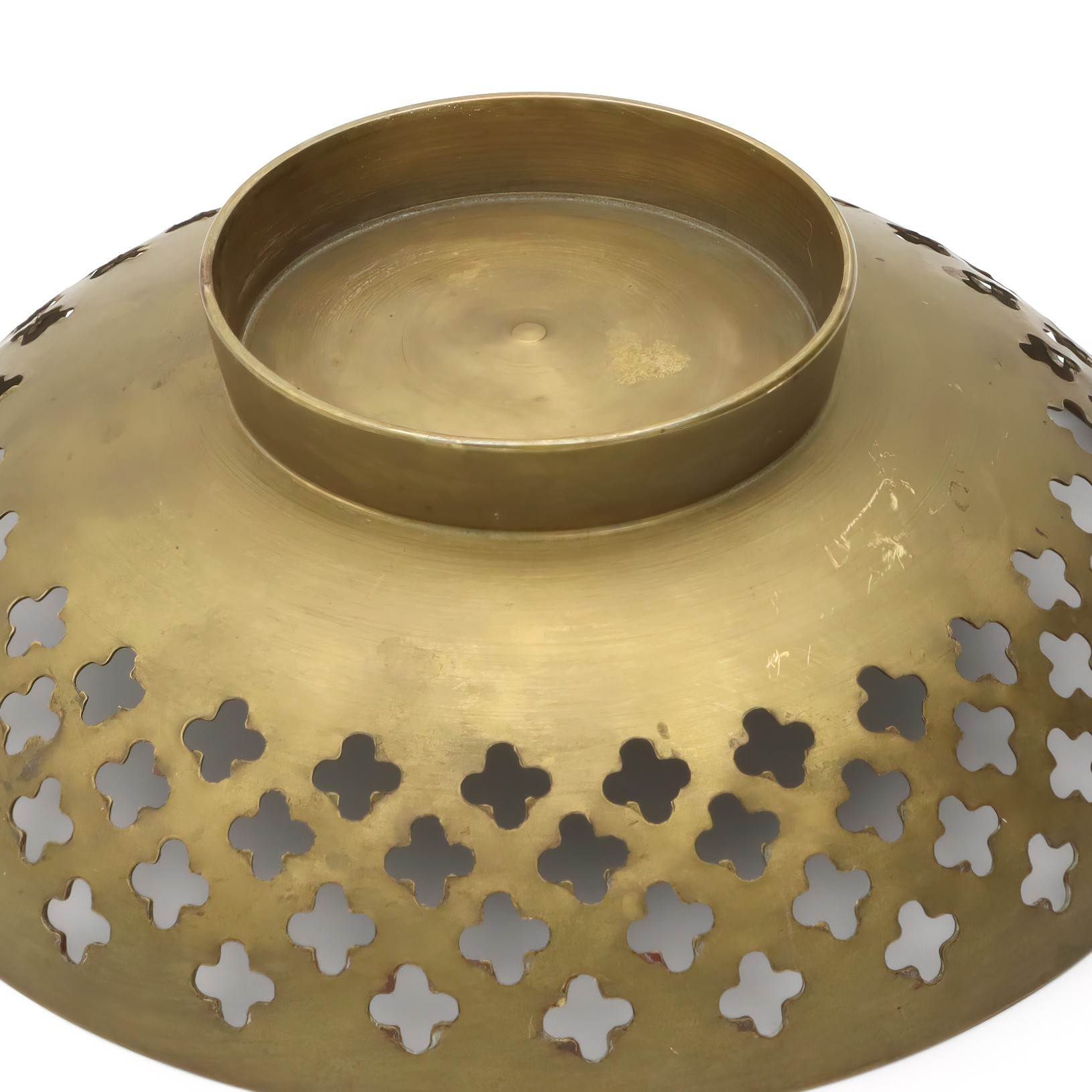 Hand Made Vintage Brass Bowl, Quatrefoil Shaped Cut Outs, Etched Floral Pattern In Center, Intricately Crafted Decorative Piece With Timeless Charm